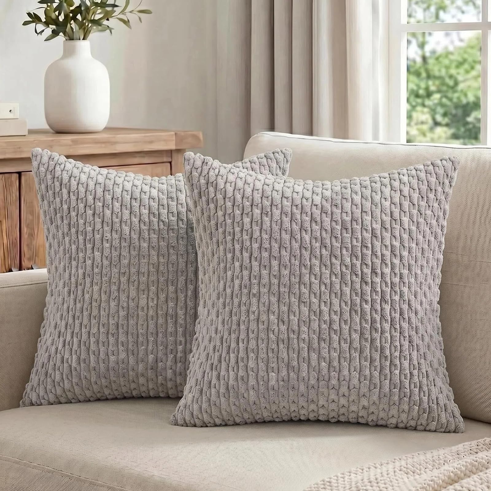 Fancy Homi Set of 2 Neutral Grey Decorative Throw Pillow Covers 20x20 Inch for Couch Bed Sofa Bedroom, Modern Farmhouse Boho Home Decor, Soft Fluffy Textured Corduroy Cute Gray Cushion Case 50x50 cm