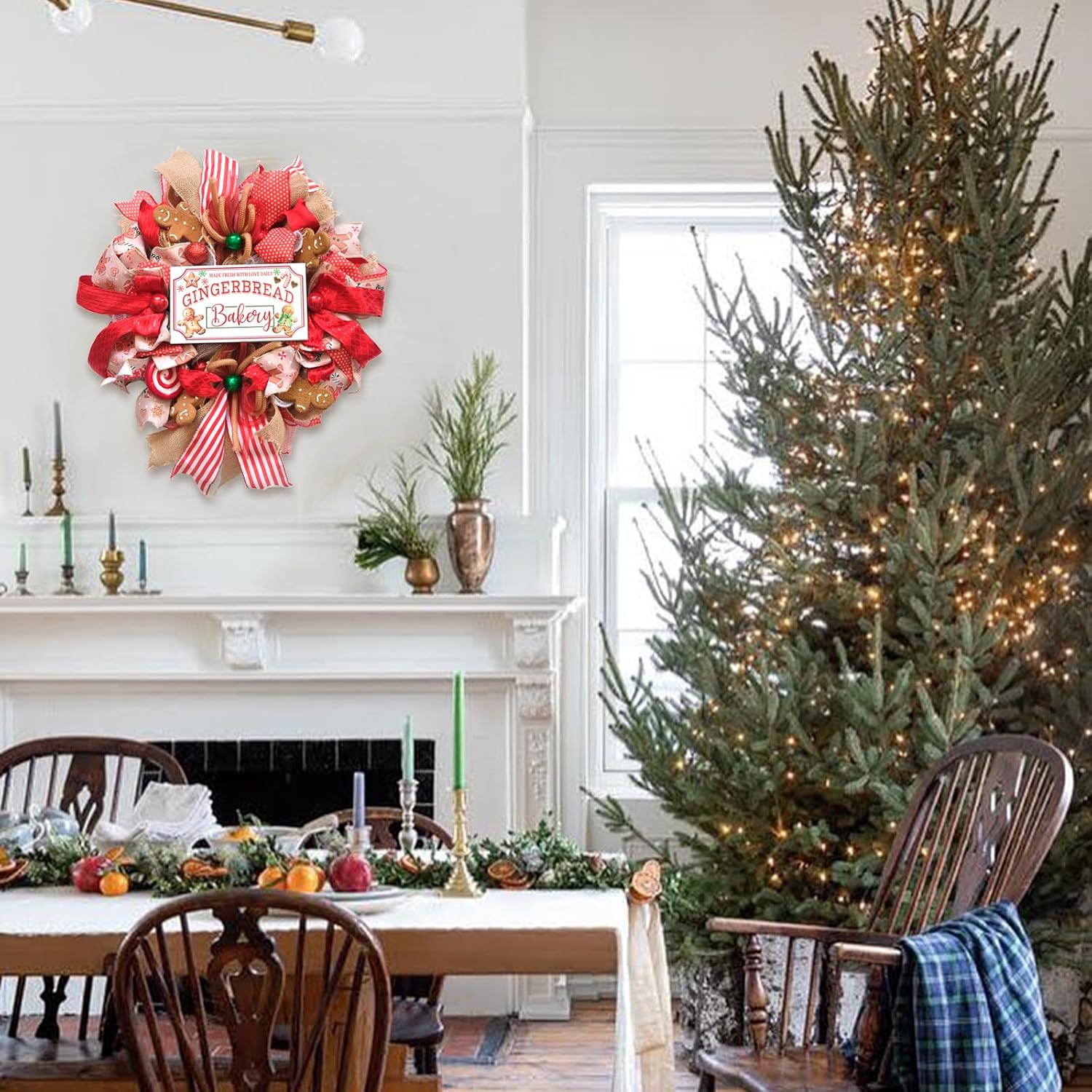 idyllic 18" Christmas Mesh Wreath for Front Door Gingerbread Man Wreath with Red Gold Ribbon Artificial Wreaths for Indoor Outdoor Home Porch Wall Window Festival Wedding Decor - Image 6