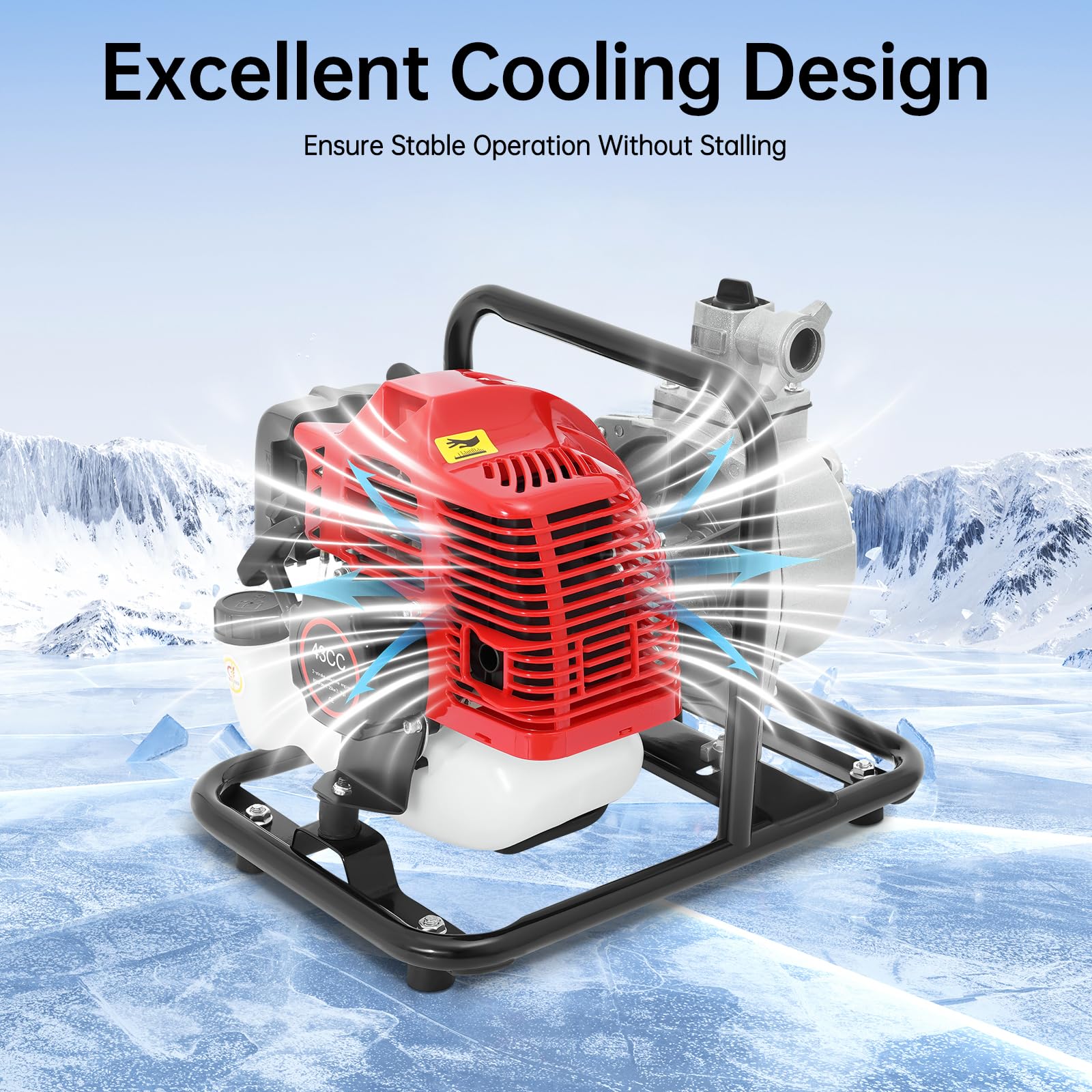 Bomba de agua de gasolina de 43 cc, motor de 2 tiempos de 1,7 CV, bomba de agua portátil de 1,25 kW, caudal de 10 m³/h, altura máxima de extracción de 30 m, 8500 rpm
