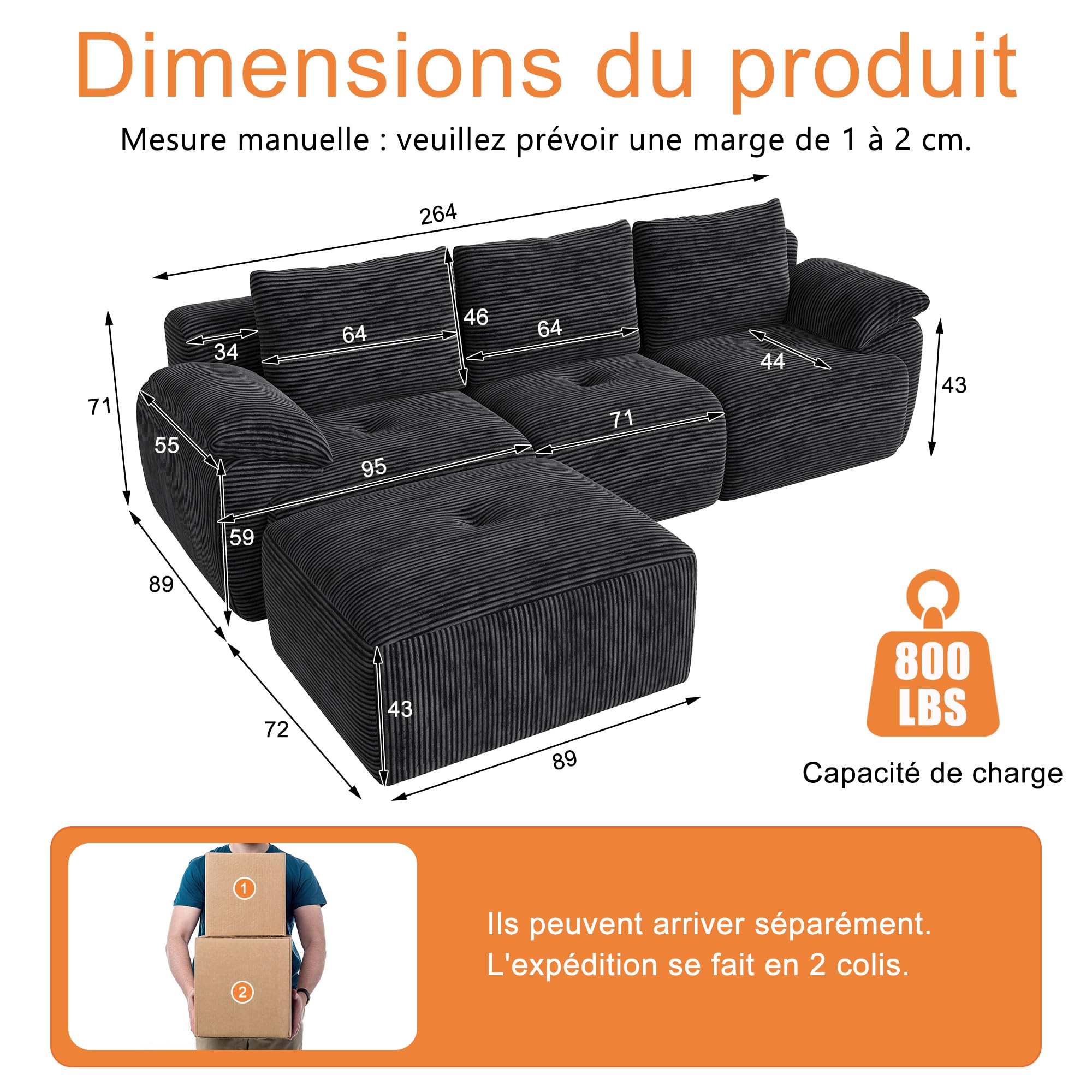 Sofá Seccional Modular con Cojines, Sofá de esquina Convertible | Sofá Deshuesado Comprimido con asiento profundo. Espuma de memoria de forma|Panaaa|264x161x71cm|Gris|No requiere ensamblaje