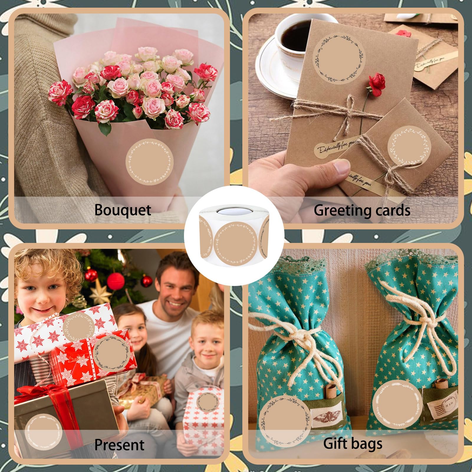500 Autocollants Ronds En Papier Kraft – 4 Cm De Diamètre – 8 Motifs Couronne – Pour étiquetage épices, Cadeaux, Cupcakes, Noël