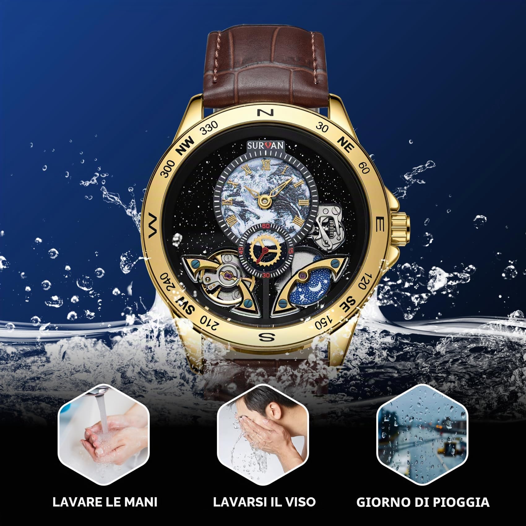 Orologio Automatico Meccanico da Uomo Scheletrato,Quadrante con Mappa del Mondo, Cassa in Acciaio Placcata Oro 18K, Vetro Zaffiro, Cinturino in Pelle Vera, Eleganza
