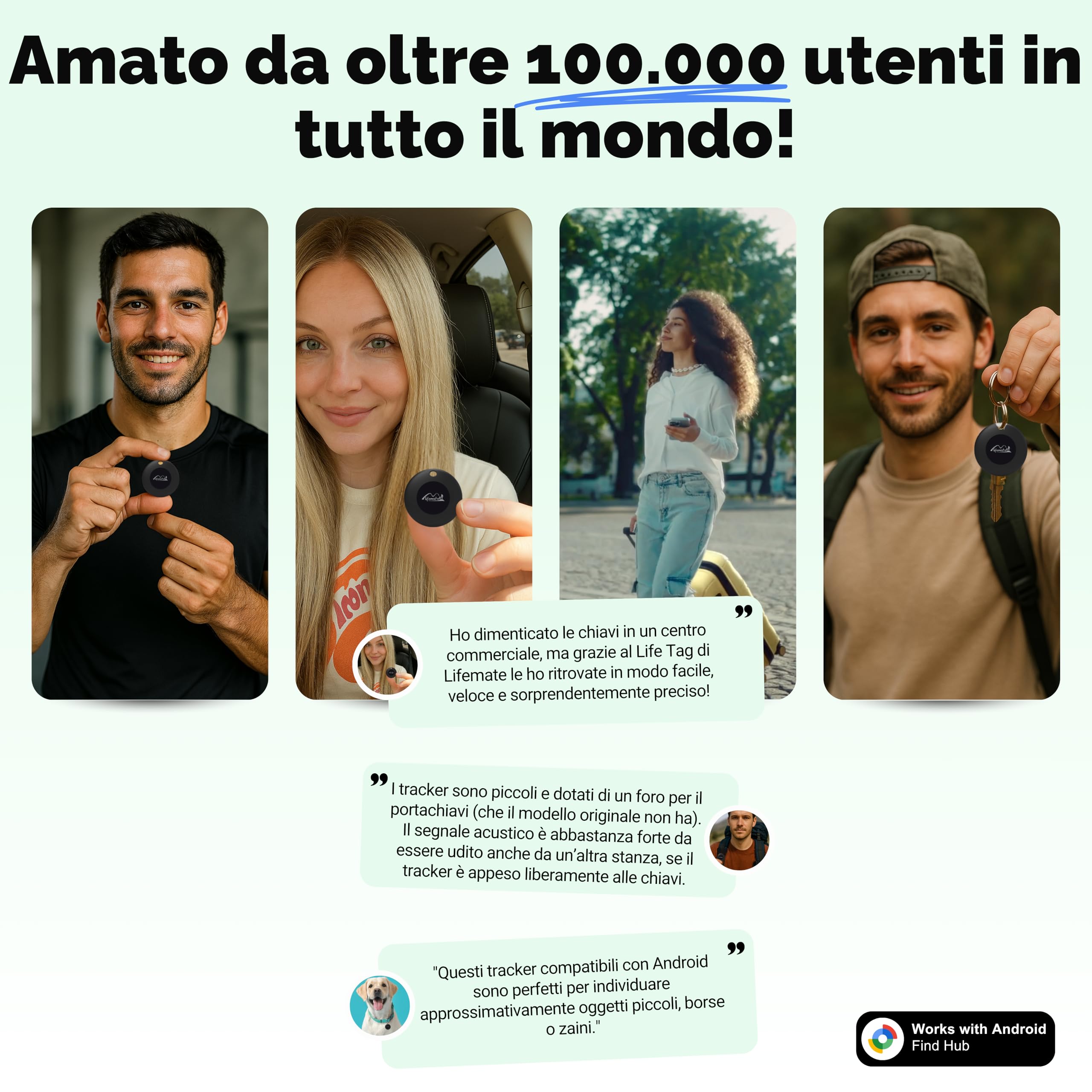 Lifemate Tag Android 4 Pack – Localizzatore GPS Bluetooth IP67 Impermeabile Trova Chiavi e Oggetti Smarriti
