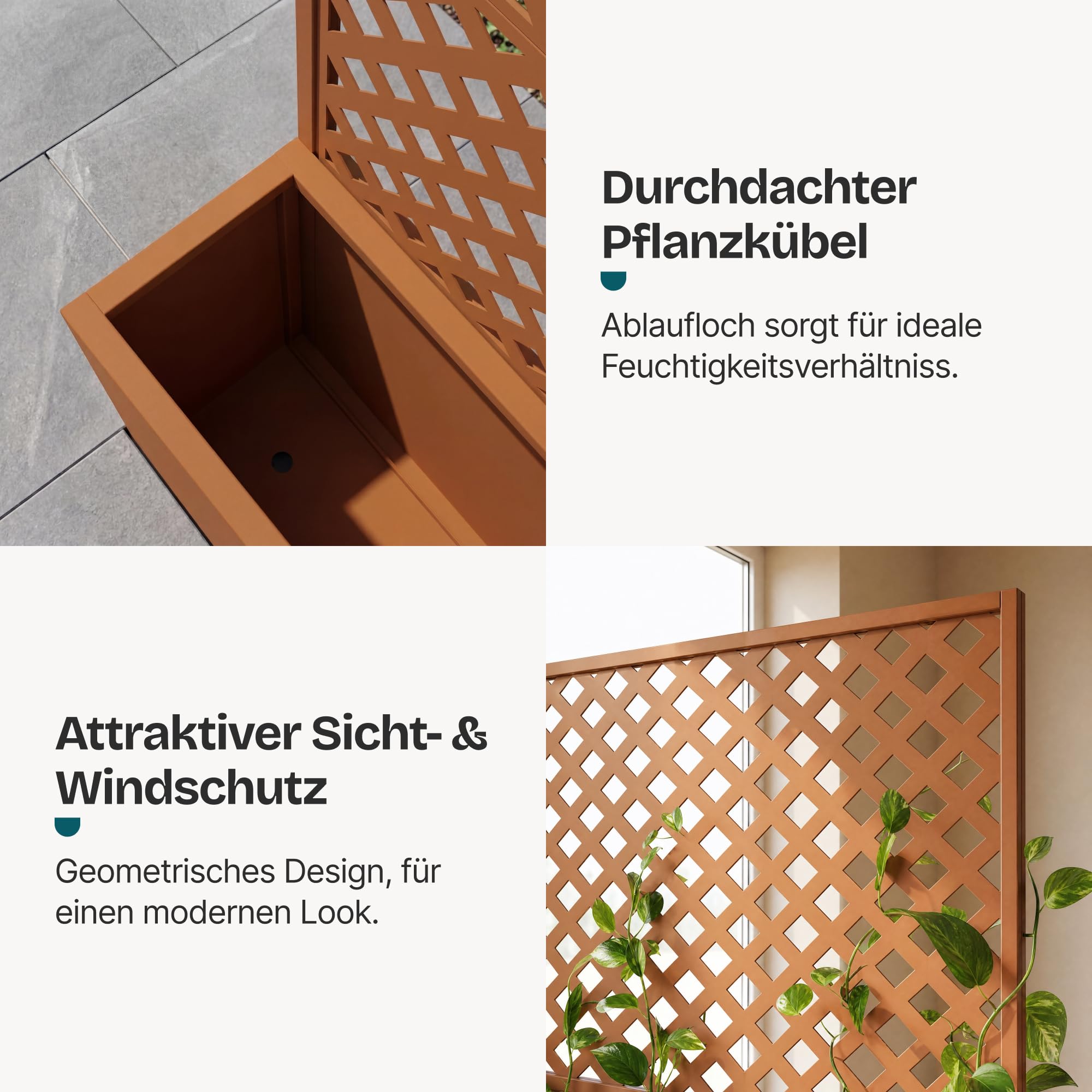 casa.pro Blumenkasten mit Sichtschutz Malja 146 x 83 x 31cm Braun | Trennwand, indoor, outdoor, Rankgitter, wetterfest, Metall, verzinkt, für Balkon, Terrasse, Pflanzkübel hoch