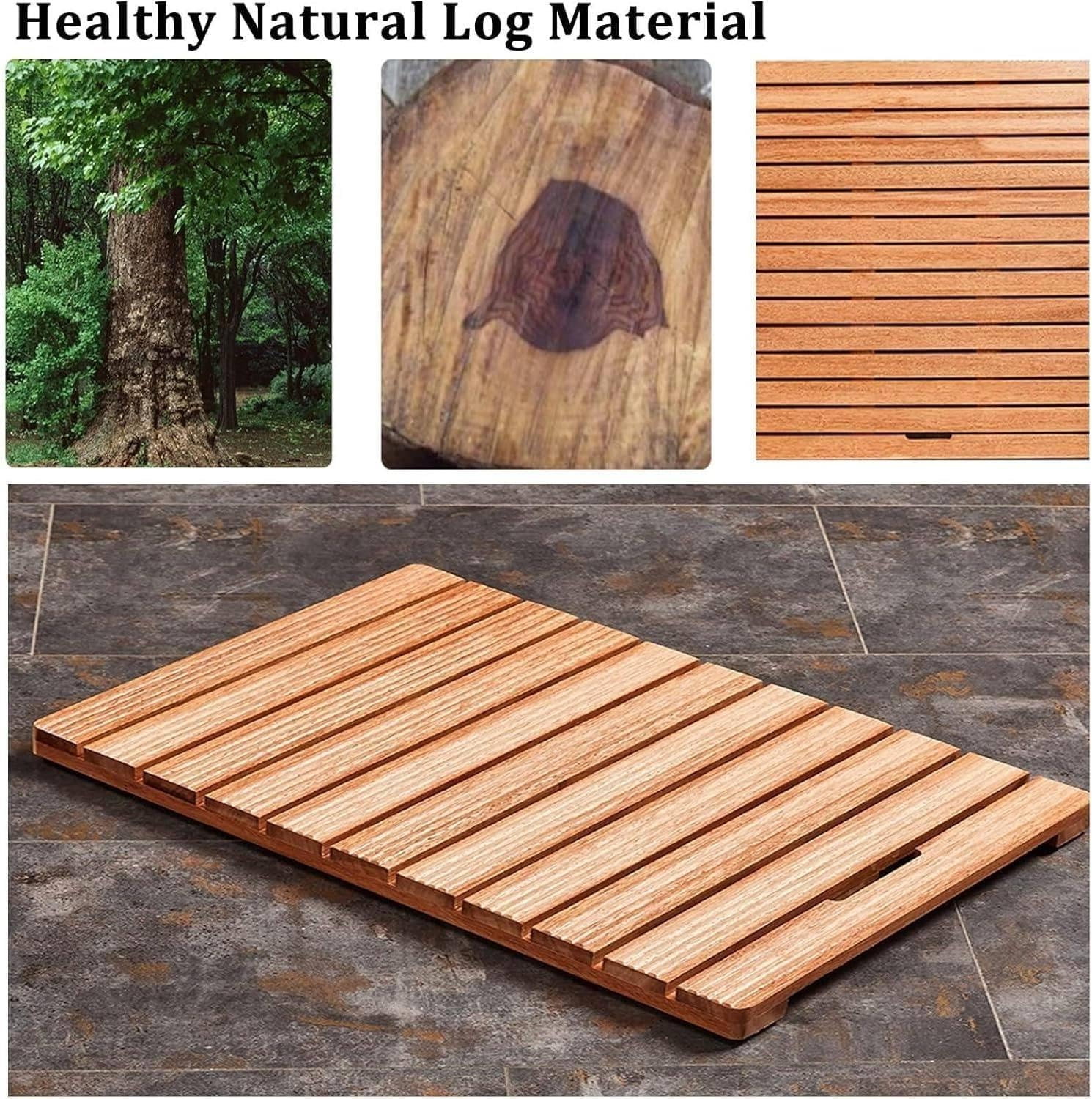 Alfombrilla de ducha de madera natural, tabla de drenaje de baño antigrietas, almohadilla antideslizante para ducha, balcón y puerta, tamaño personalizado (61 x 71 cm)