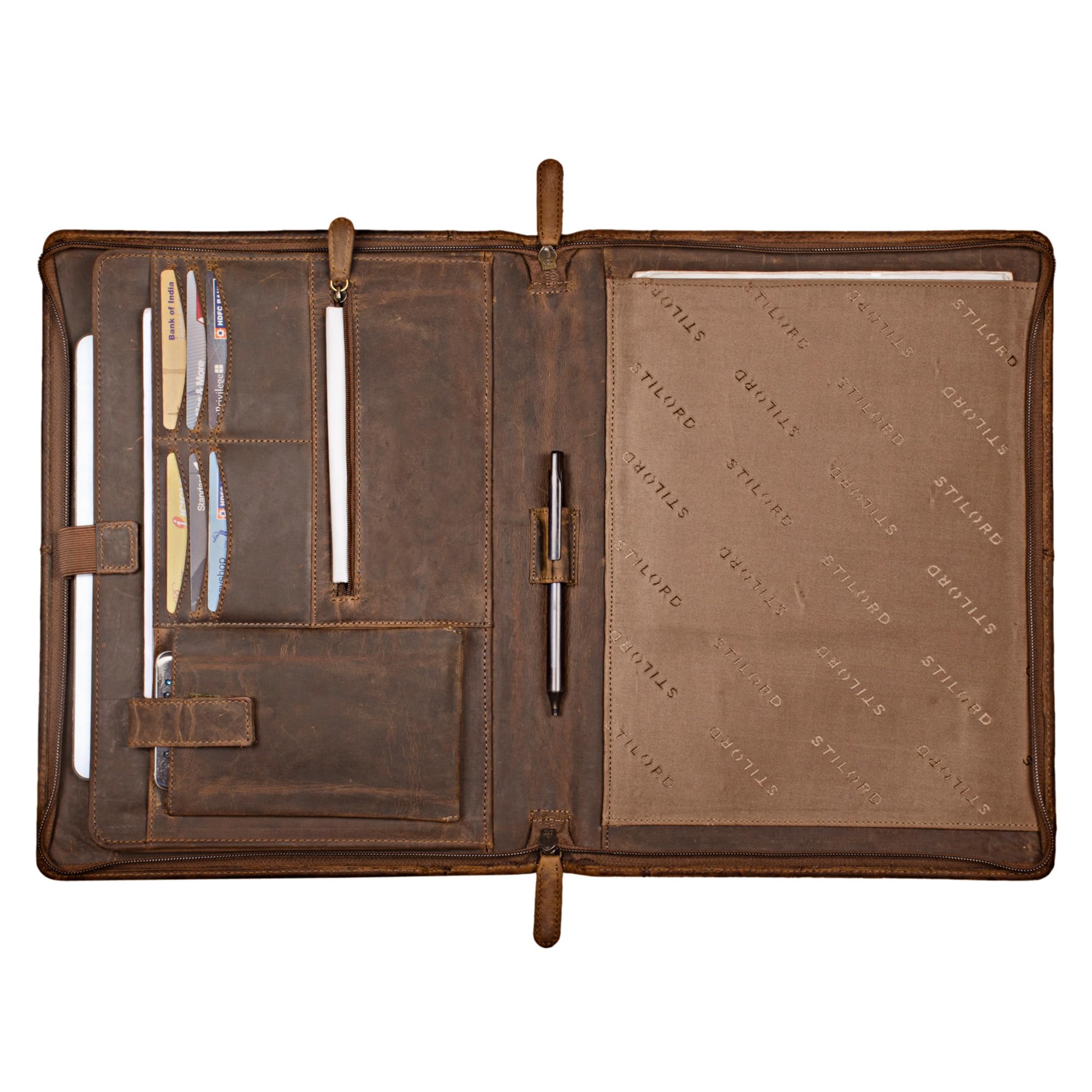 STILORD Harrison Leder Schreibmappe für 12 Zoll Tabets iPads DIN A4 Dokumentenmappe große Konferenzmappe Farbe:mittel - braun