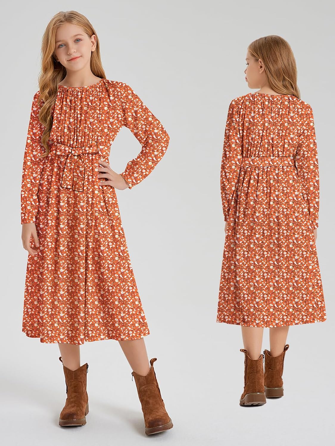 LaBeca Girls Casual Elastic Crew Neck Floral Printed Solid Color A-line Swing High Waist Midi Belted Dress with Pocket - Image 2