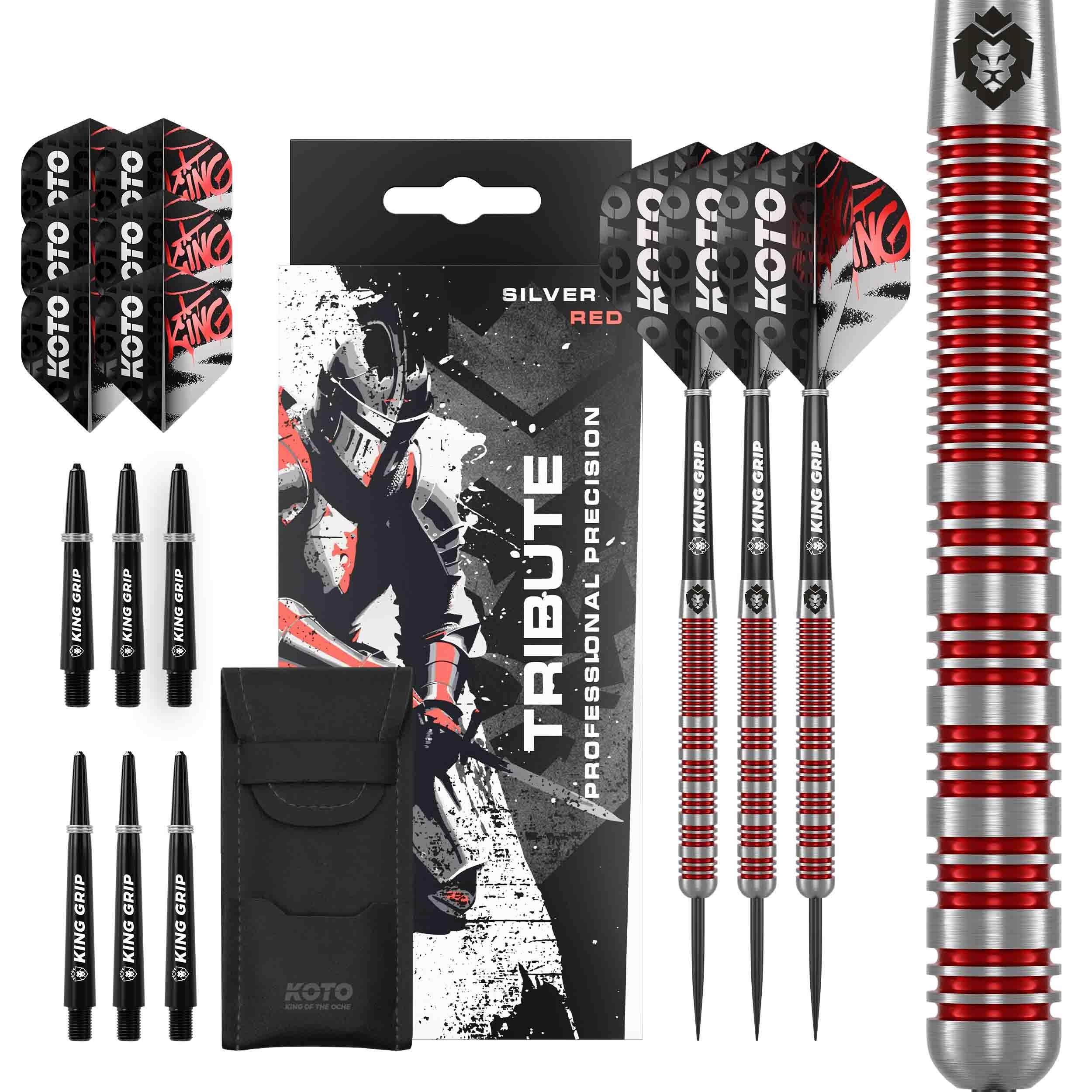 KOTO Lot de 3 fléchettes Tribute avec barils, ailettes, tiges et porte-fléchettes, grip fixe Argenté rouge