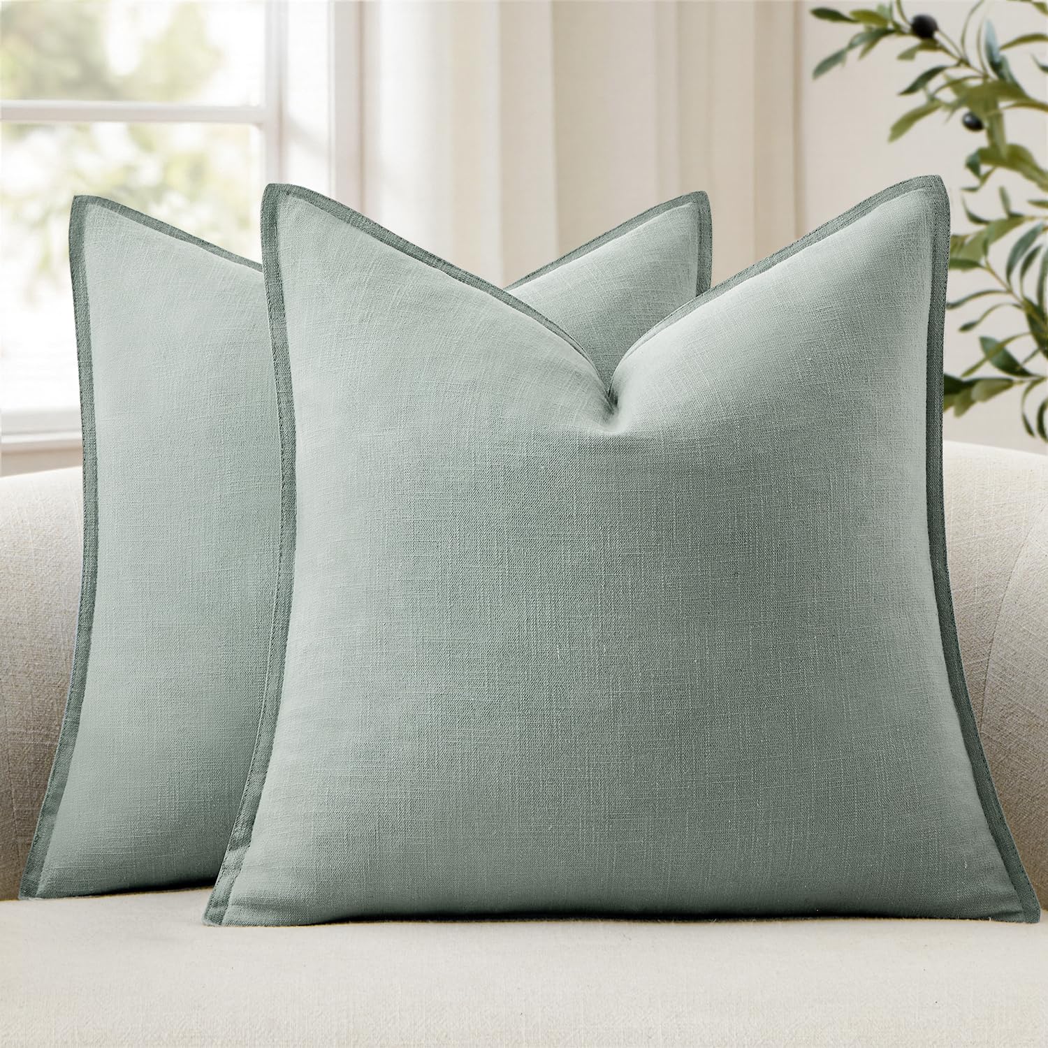 ANRODUO Confezione da 2 federe decorative in lino, verde acqua, neutro