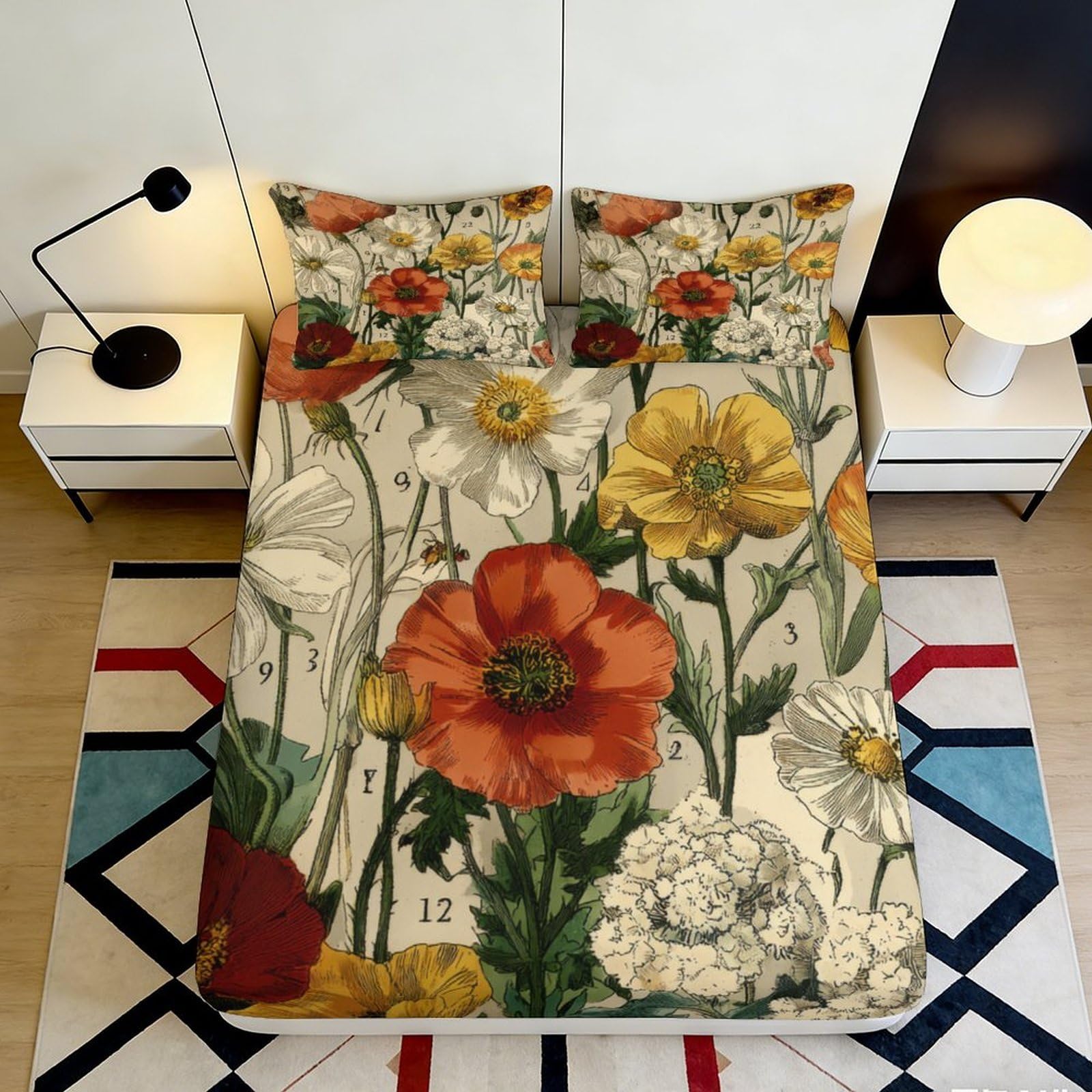 3D Printed Vintage Floral Fitted Sheet Microfiber Soft Breathable Poppy Pattern Bed Cover for Bedroom Dormitory Guest Room Mattress Protection 120x200x25cm