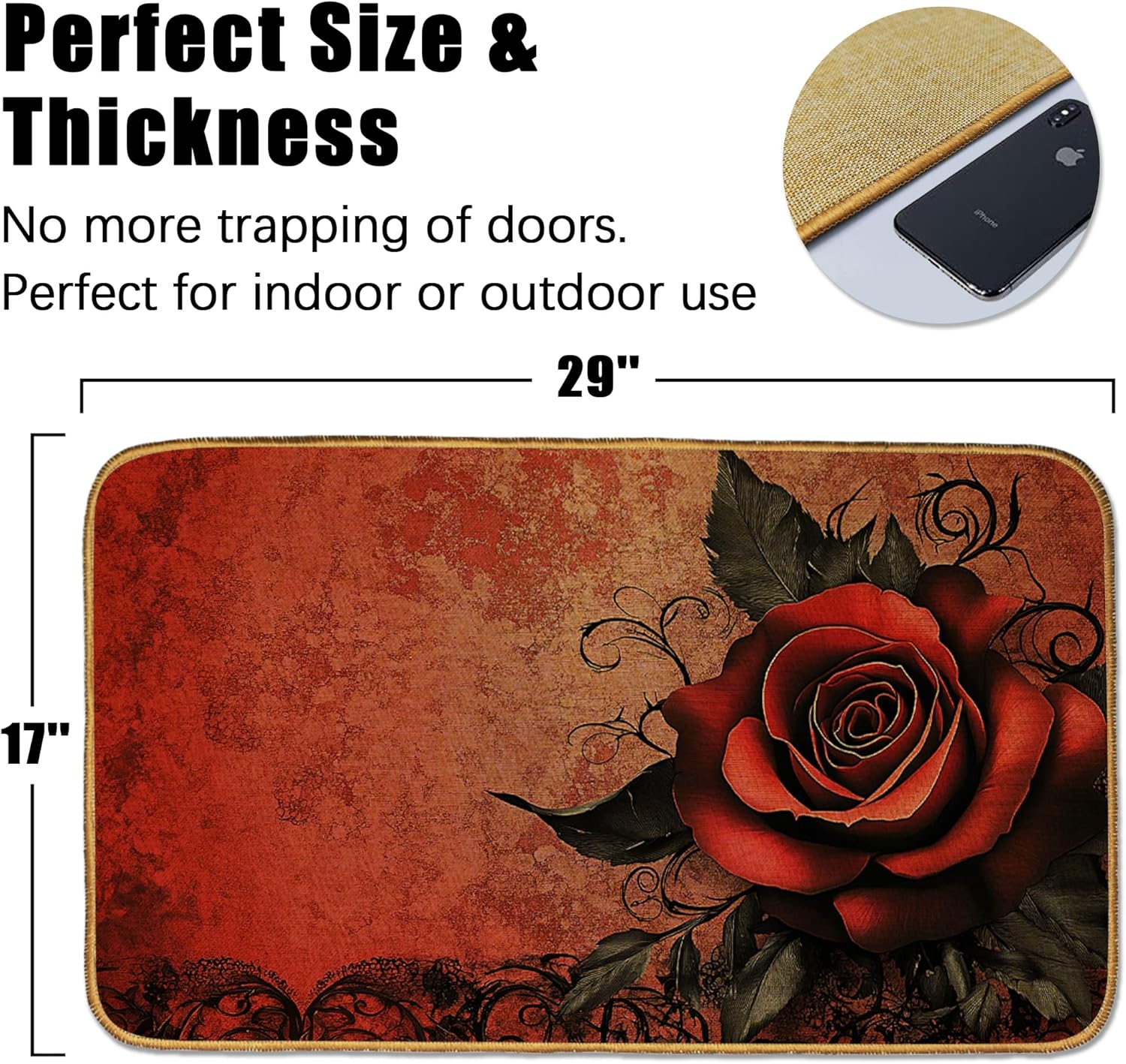 Vintage Red Rose Door Mat 17"x29",Abstract Flower Doormat Indoor Entrance,Non Slip Rubber Front Door Mats Washable Absorbent Inside Outside Low-Profile Home Entryway Rug Outdoor