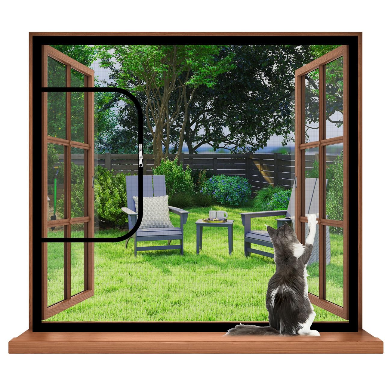 Custom Size Window Fly Screen with Two-Way Zipper Opening, High-Density Nano Mesh Cat Proof Window Screen, 4cm Extra Wide Self-Adhesive Tape, Pet Protector Netting