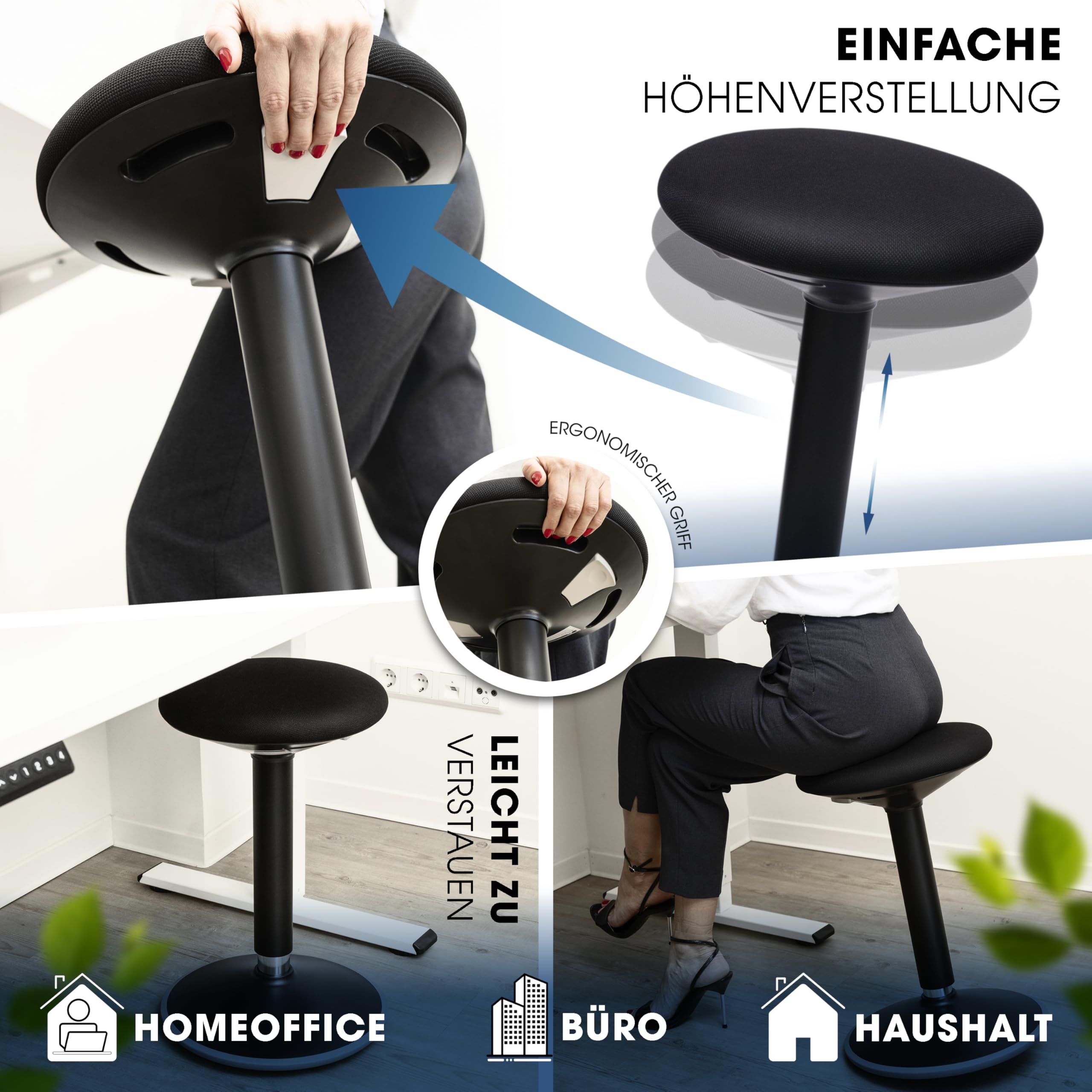 Bürohocker 2in1 Sitz- & Stehhocker höhenverstellbar Schwarz | Zertifiziert & ergonomisch. Fördert einen gesunden Rücken durch aktives Sitzen & Stehen. Ideal im Büro & Homeoffice.