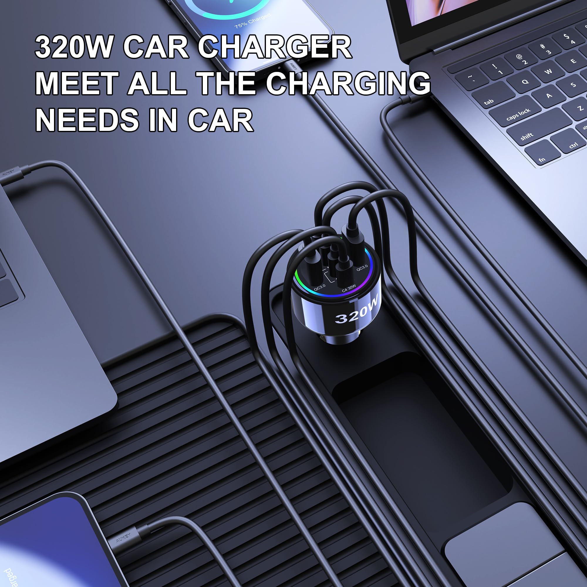 Cargador de coche USB C de 320 W, cargador de coche tipo C de 6 puertos | PD3.0/QC4.0/PPS Carga súper rápida para iPhone 17/16/15 Series, Galaxy S25/S24/23, iPad, MacBook Pro/Air, Laptop (negro)