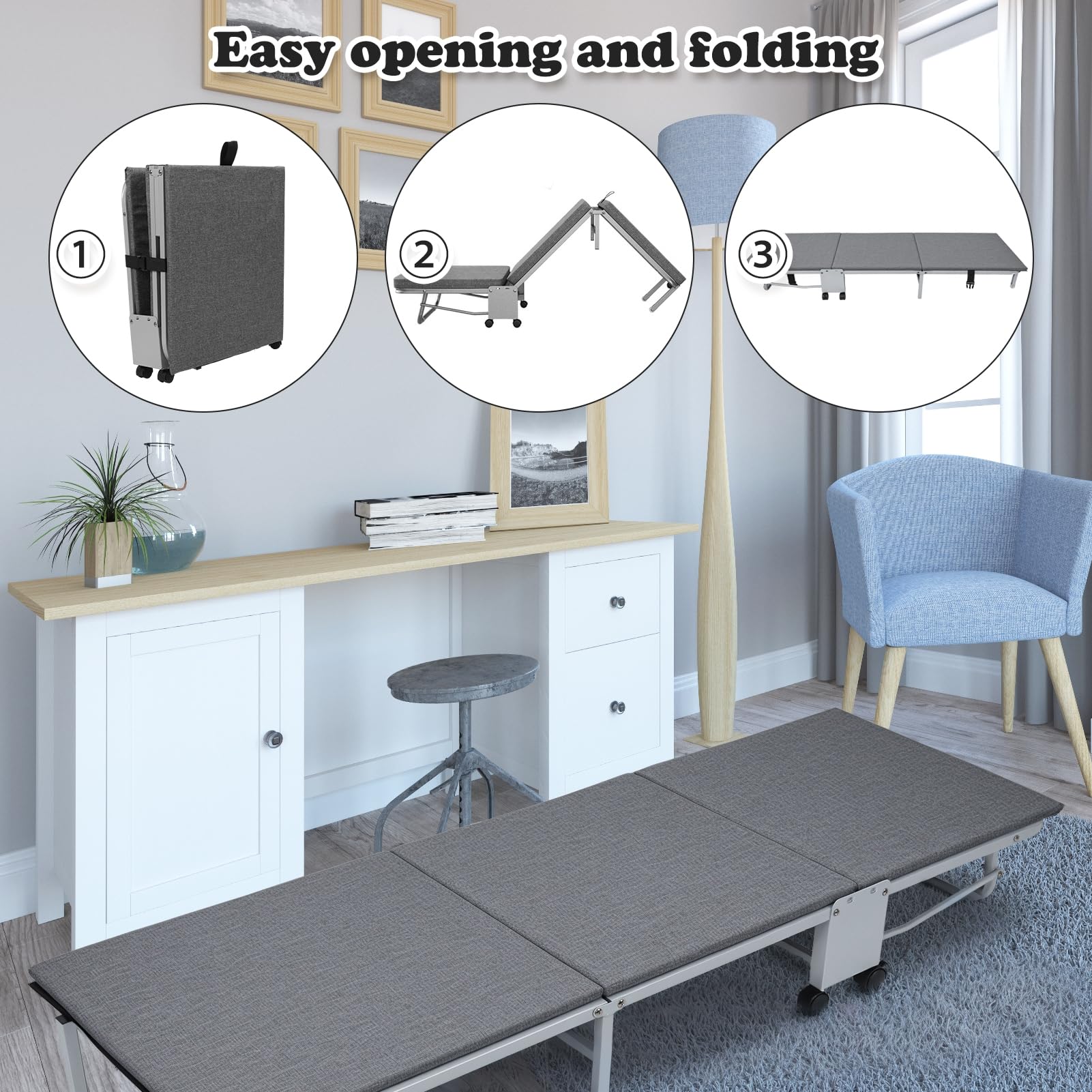 Lettino pieghevole, resistente lettino da campeggio con comodo materassino, struttura in metallo portatile, letto per gli ospiti per adulti, lettino regolabile per dormire, grigio