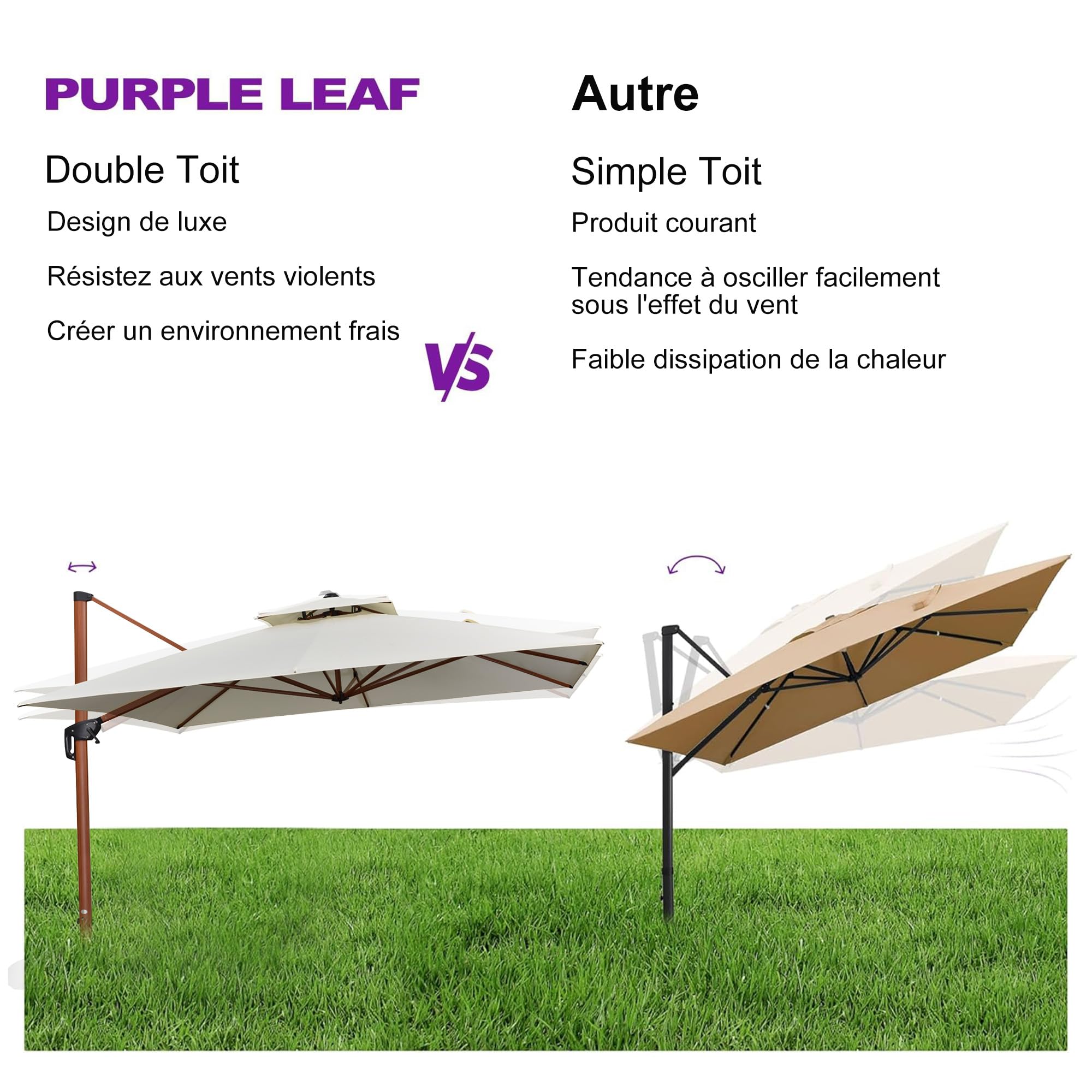 PURPLE LEAF Parasol Déporté 3 x 4 m avec Pied Aluminium Aspect Bois, Crème
