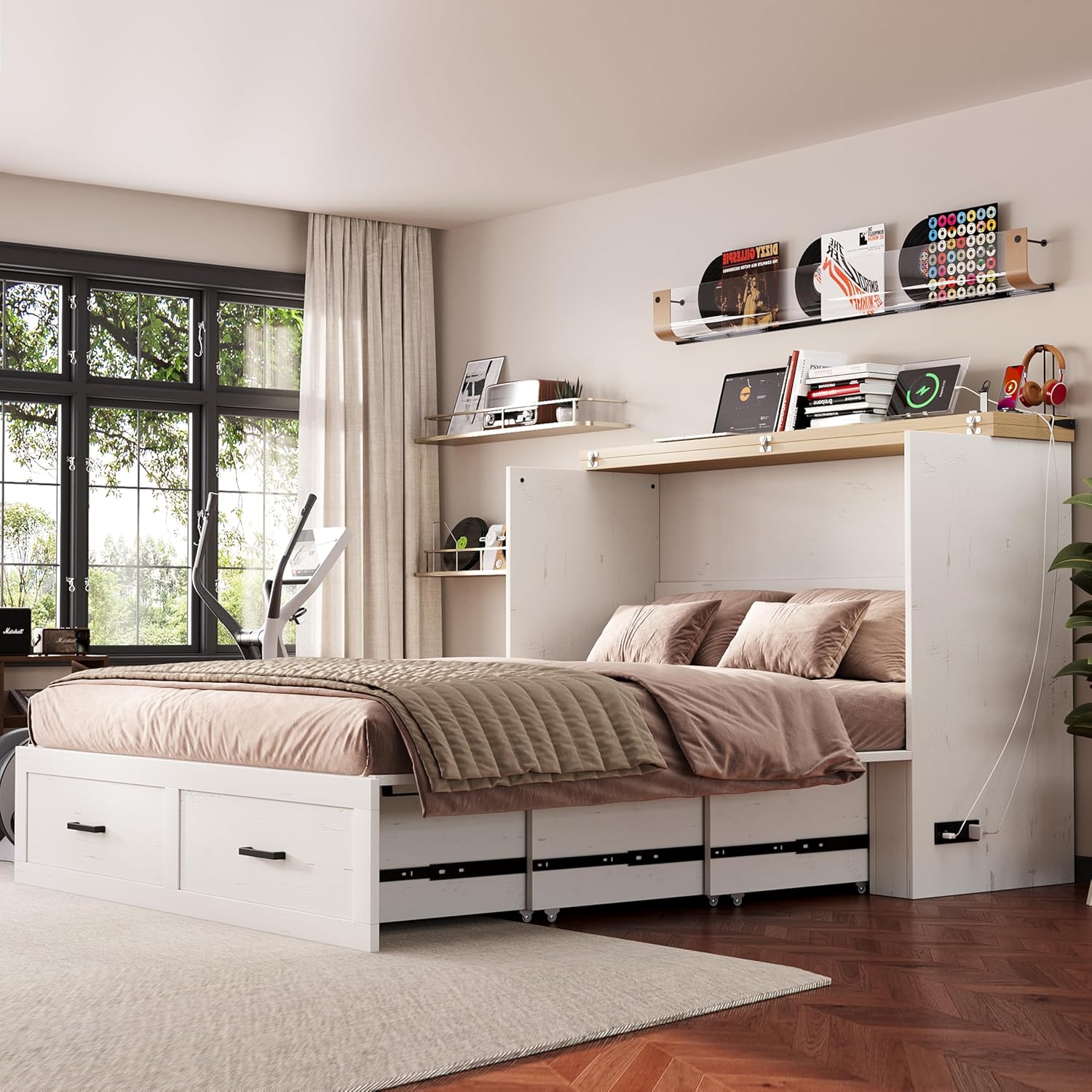 Bellemave Queen Size Murphy Bed, Cabinet Bed with Charging Station and Storage, Farmhouse Murphy Cabinet with Foldable Panel, Noisy Free, for Guest Bedroom, Living Room, Office, White