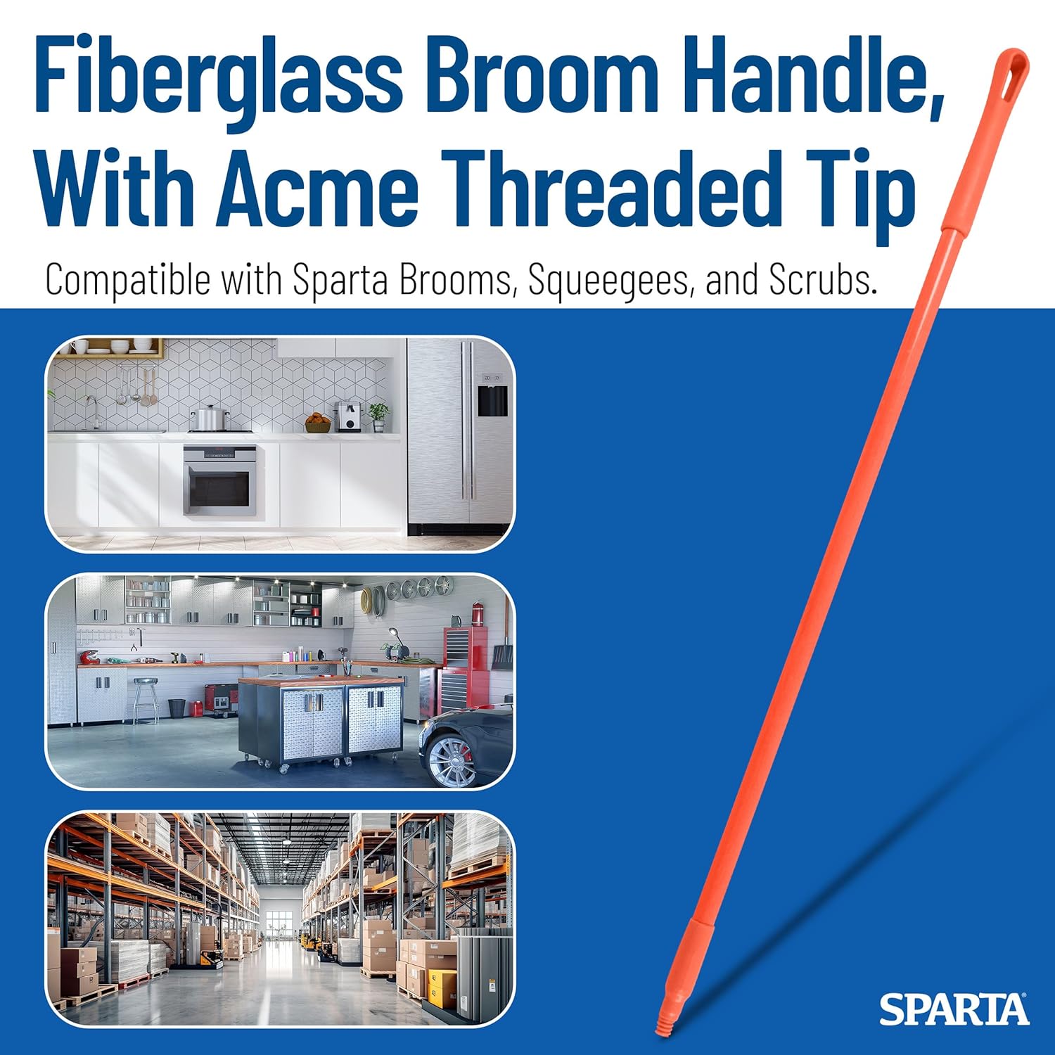 SPARTA 41225EC24 Fiberglass Broom Handle, Mop Handle, Replacement Handle With Acme Threaded Tip For Commercial Cleaning, 48 Inches, Orange, (Pack of 12)