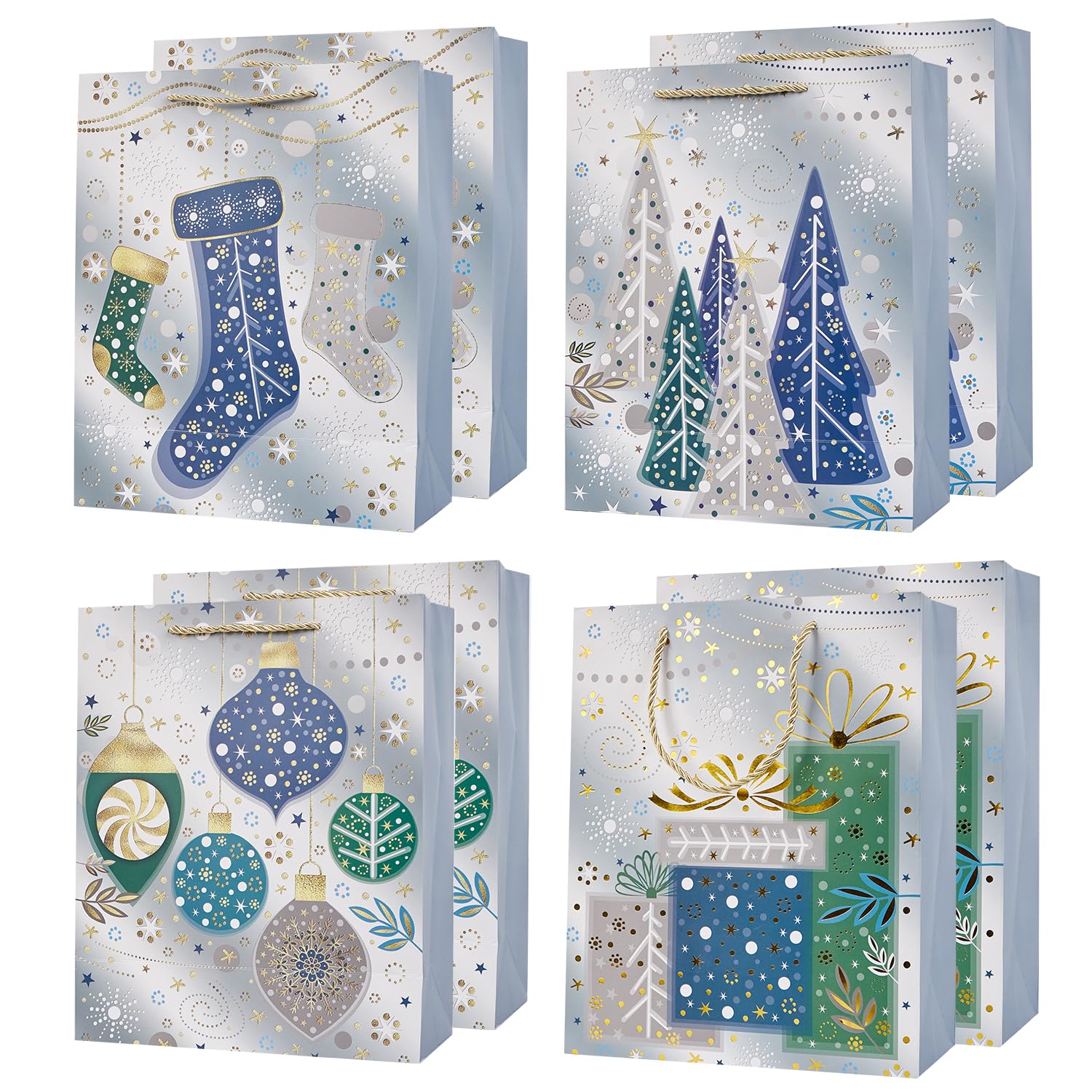 12.6'' Christmas Paper Gift Bags Bundle,8 Pack Large Sliver Xmas Gift Bags for Christmas Holidays Presents Party Favors (Sliver)