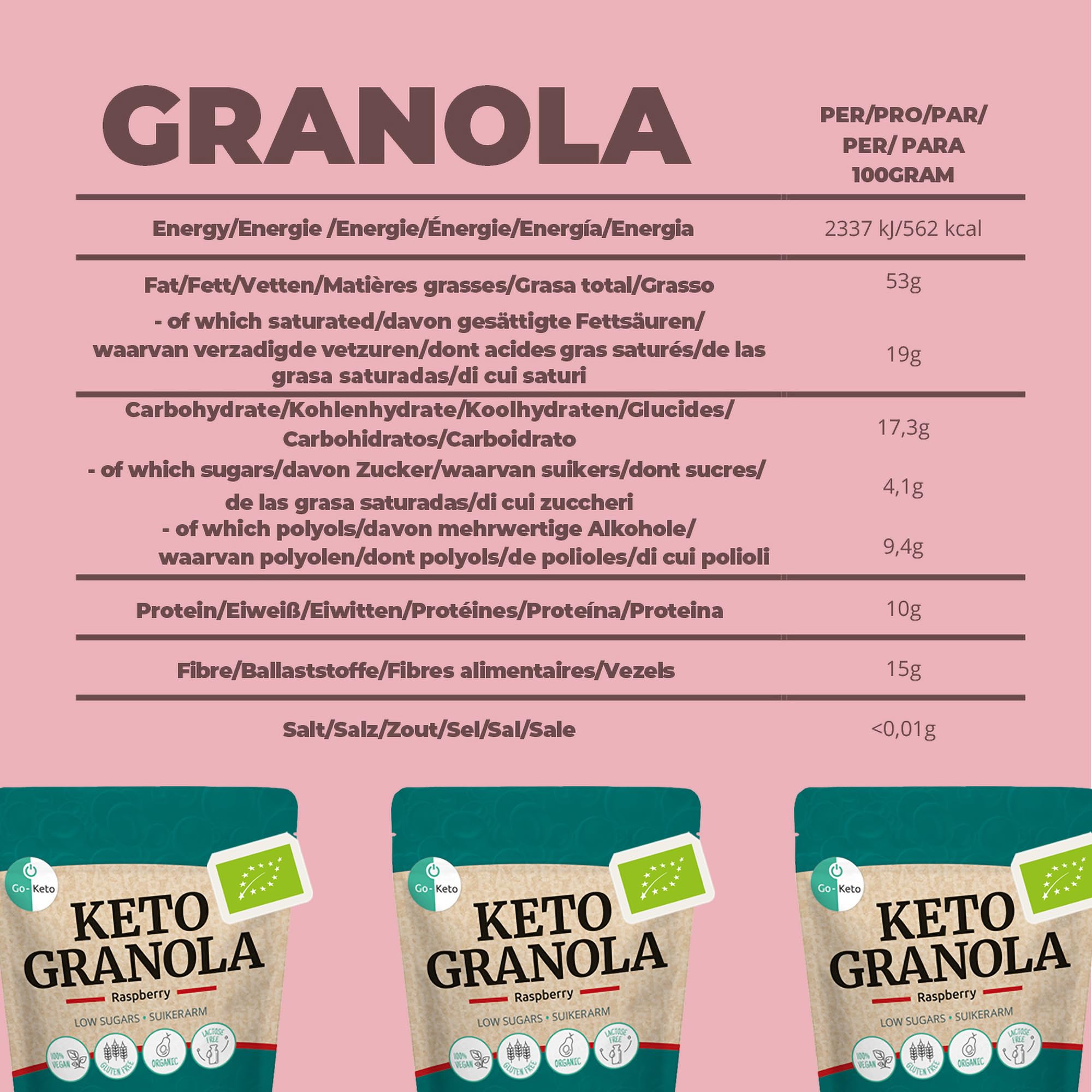 Go-Keto BIO Keto Granola Raspberry 6x 290g - Low Carb Keto Muesli para un delicioso desayuno keto, con chips de coco, nueces, frutas, semillas de girasol y de calabaza, vegan, sin gluten, sin lactosa
