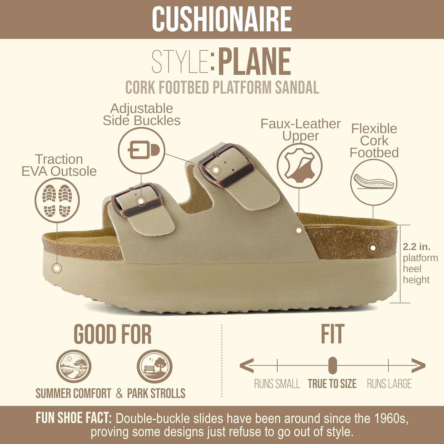 CUSHIONAIRE Plane Comfortable Platform Womens Sandals with Double Buckle Straps and Genuine Suede Footbed Sandals for Women 2025, Wide Widths Available