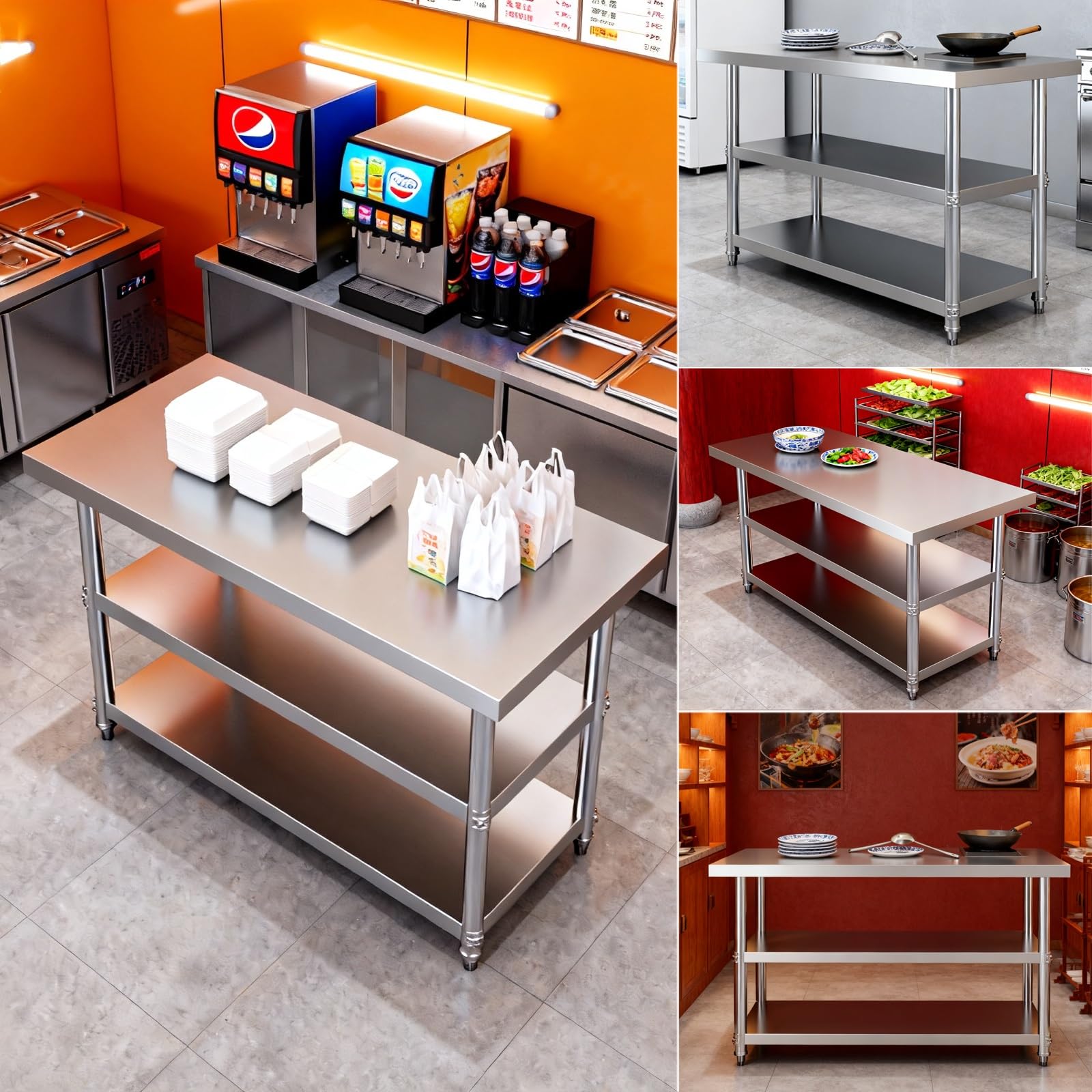 Banco de trabajo de cocina de acero inoxidable, mesa de preparación multifuncional con estante de almacenamiento de tres niveles y patas ajustables, ideal para cocinar y preparar alimentos