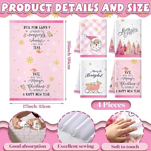 Miniatura 3 de Juego de 4 toallas de cocina rosas de Navidad de 17 x 26 pulgadas, absorbentes de color rosa, toalla de cocina de Navidad, trineo de árbol de Papá