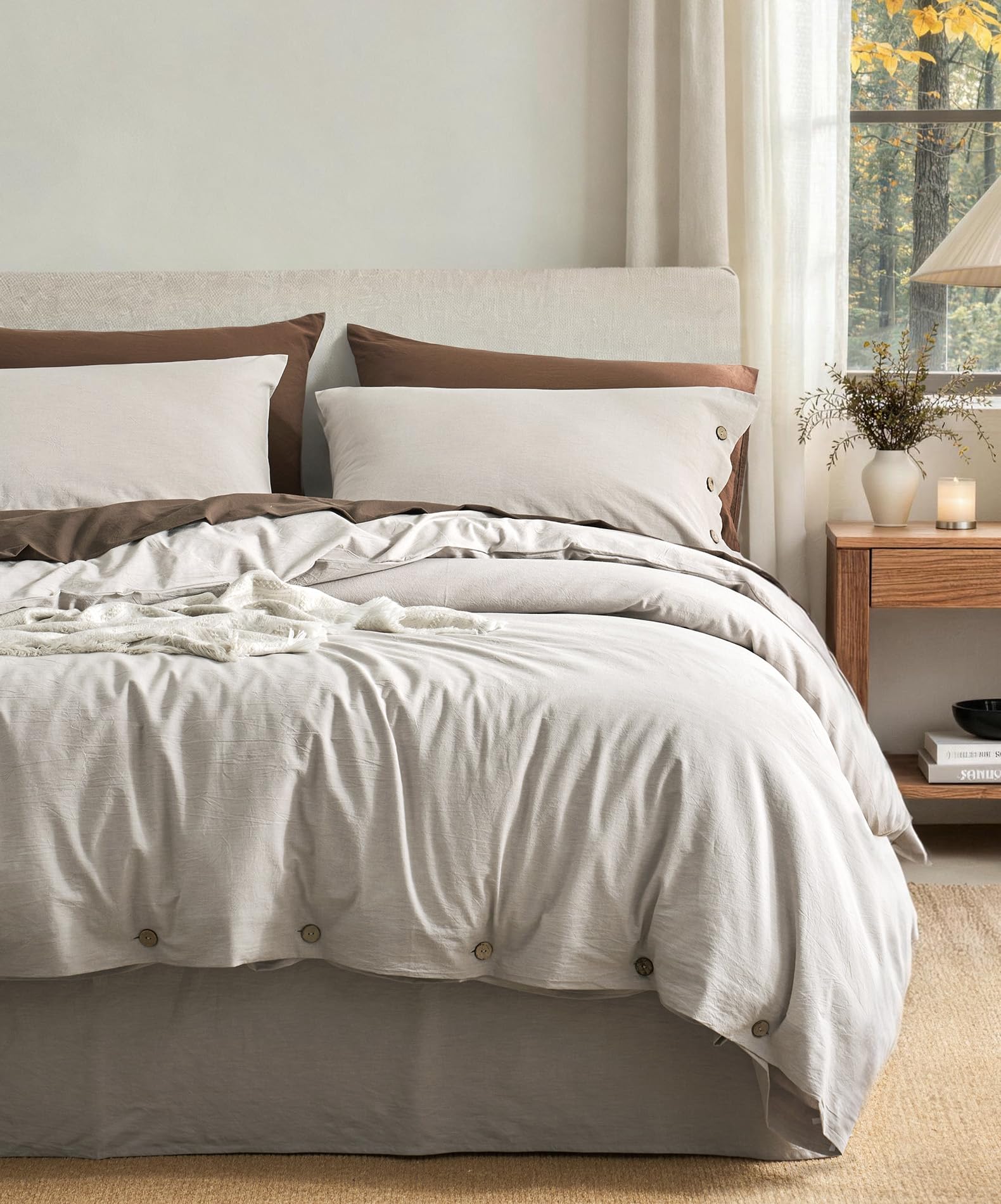 JELLYMONI 100% Washed Cotton Natural Gray Duvet Cover Cal King, Linen-Like
