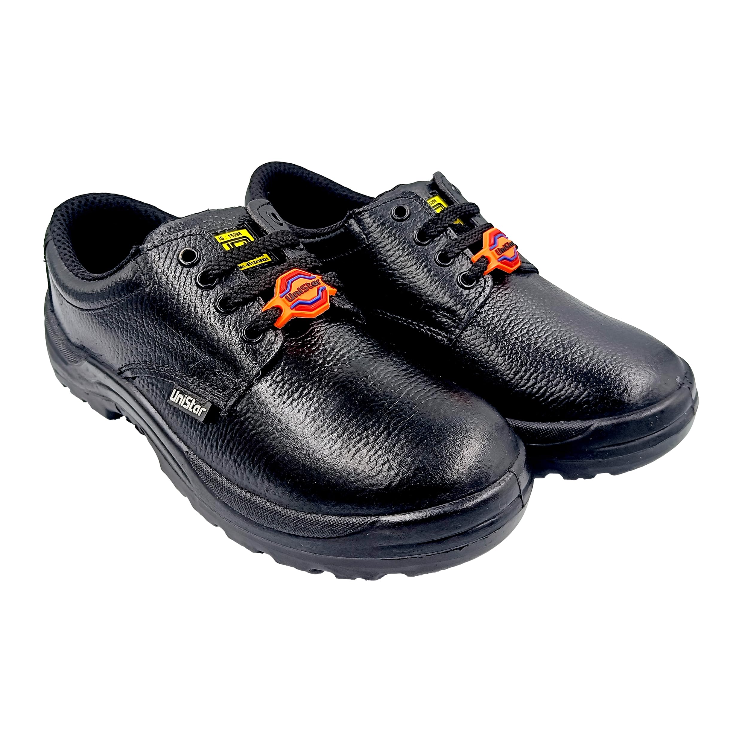 Unistar Men's Low Ankle Black Leather Barton Print ISI Marked Safety Shoes for Men Industrial - Light Weight, Puncture Resistant, Anti Skid Protection PU Single Density Sole (Size 7 UK, Black)