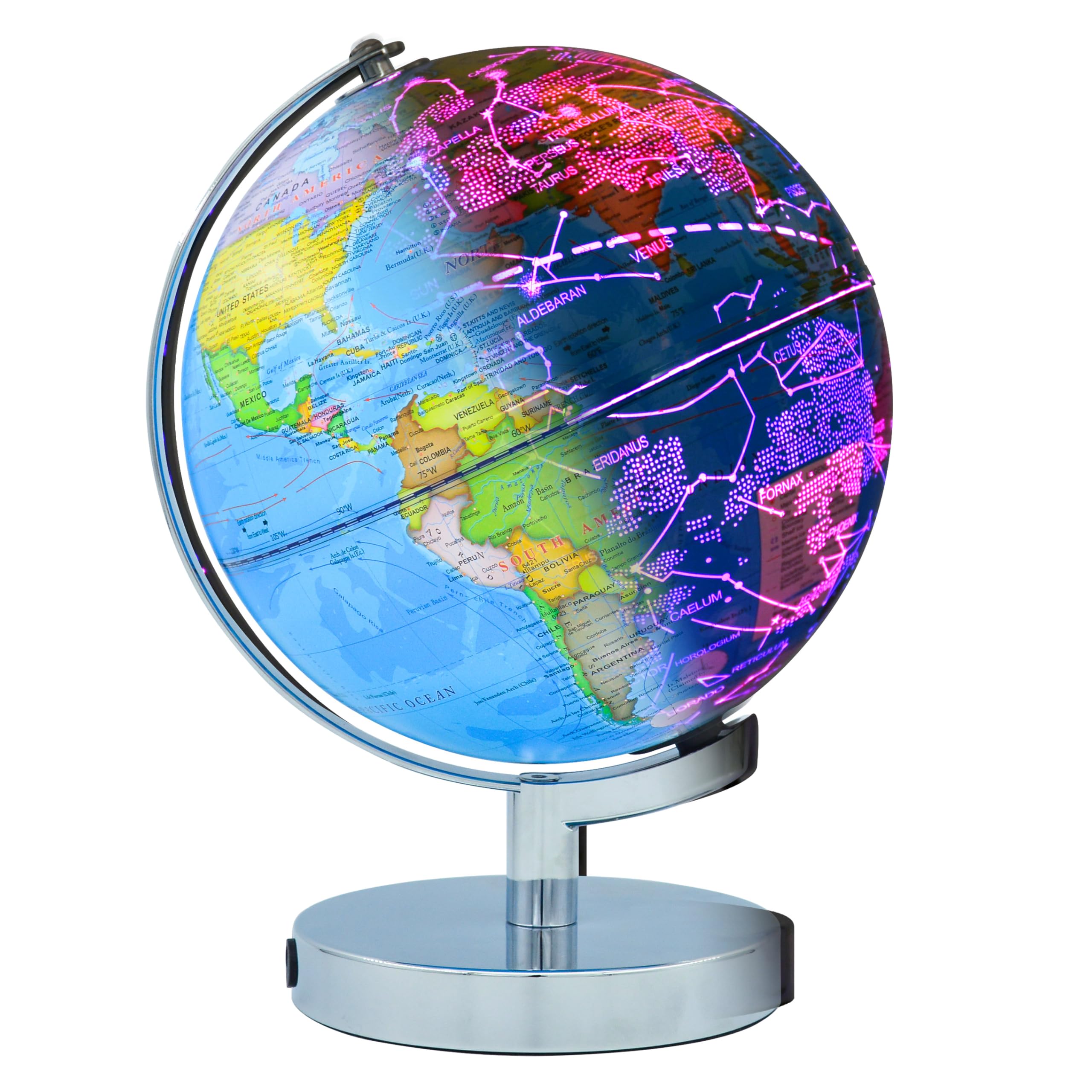3-in-1 illuminated world globe 8 in for children and adults with constellation map, color changing lamp for learning & education, night light for kids room and desk decor