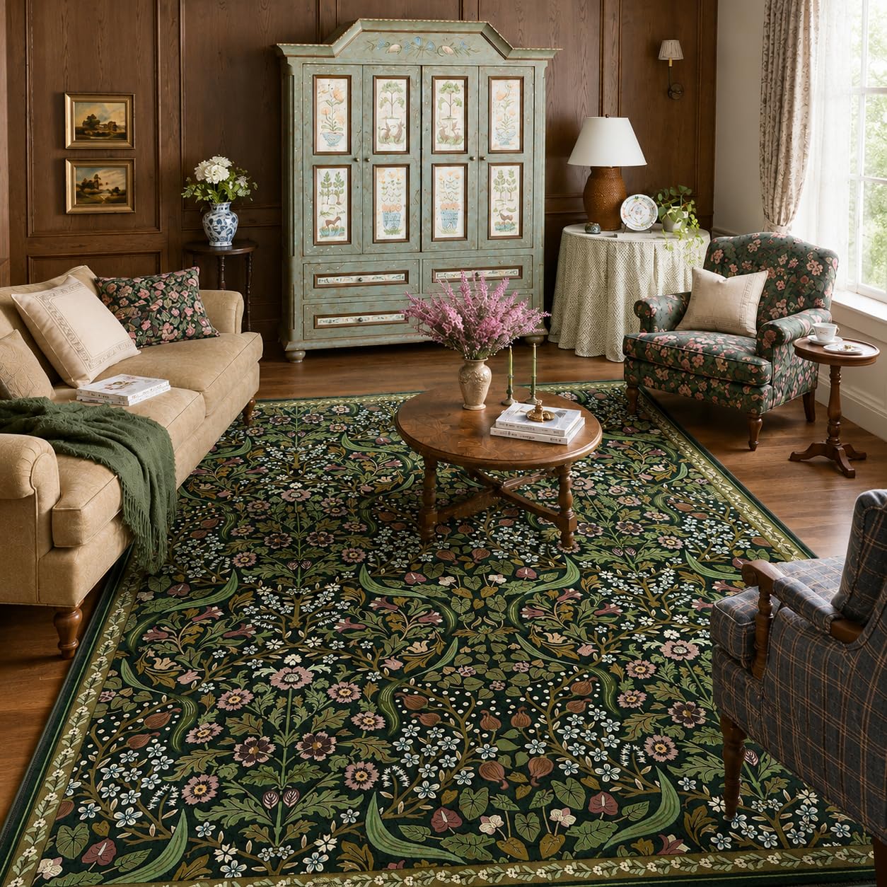 Photo 1 of Moynesa Vintage Floral 8x10 Area Rugs, Green Washable Rugs for Living Room