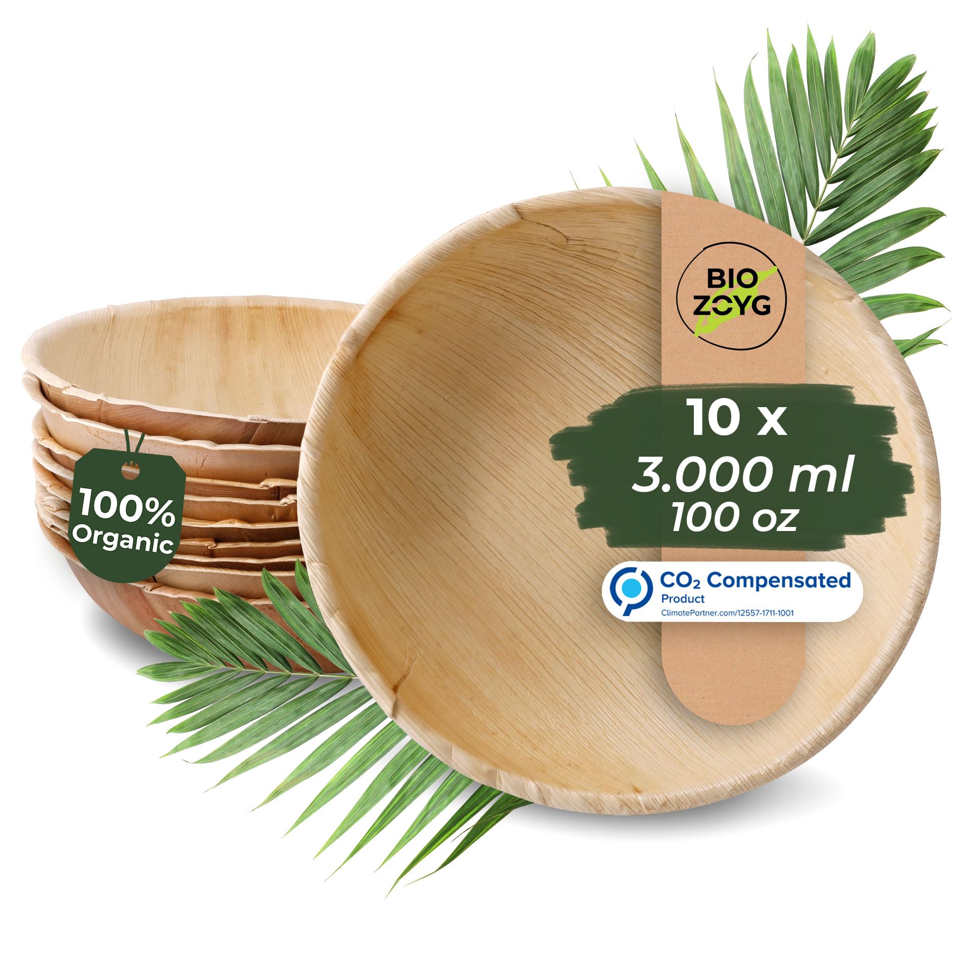Biozoyg Brown 10X Palm Leaf Bowl 3000 Ml Round - Disposable Soup Plate, Compostable Salad Bowl Palm Leaf Bowl - Disposable Bowl Sustainable Partyware