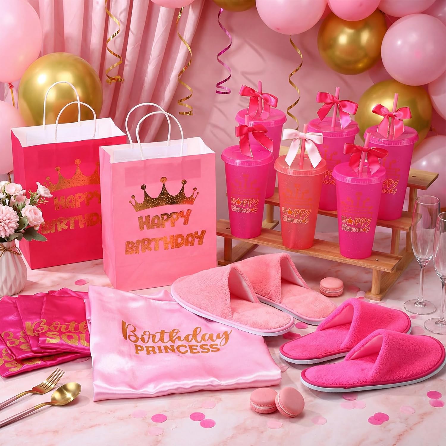 24 Pcs (6 Sets) Spa Party Supplies Kit Includes 6 Satin Robes, 6 Party Cups with Lid Straw and Twist Bow