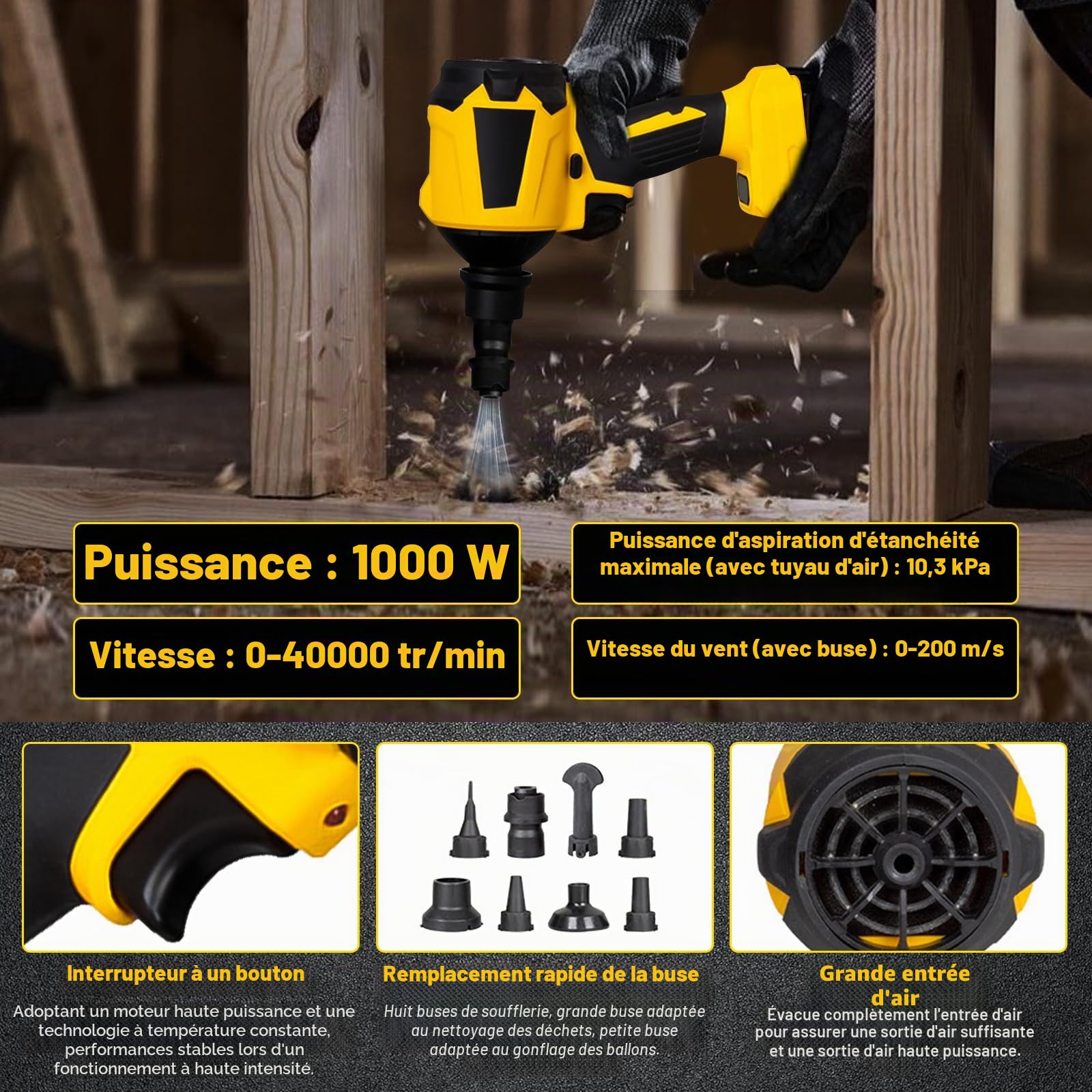 Souffleur à poussière sans fil pour batterie Dewalt 18 V/20 V, souffleur portatif 1000 W à air comprimé, moteur à vitesse continue, lumière LED, 720 km/h et 8 buses (sans batterie)