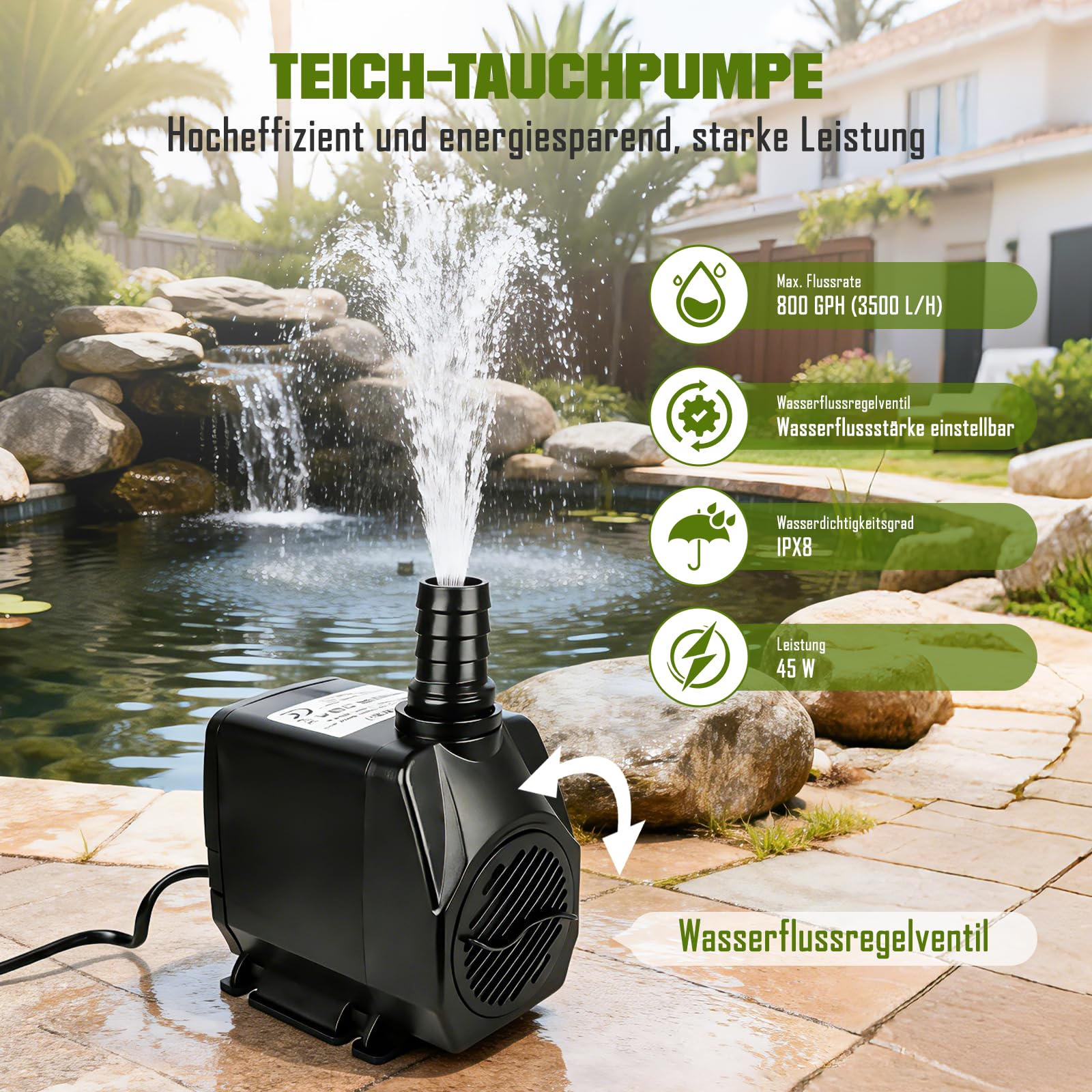 Edelstahl Wasserfall Set 30 cm mit LED Fernbedienung 45 W 3500 L/h Pumpe für Garten Teich Schwimmbad