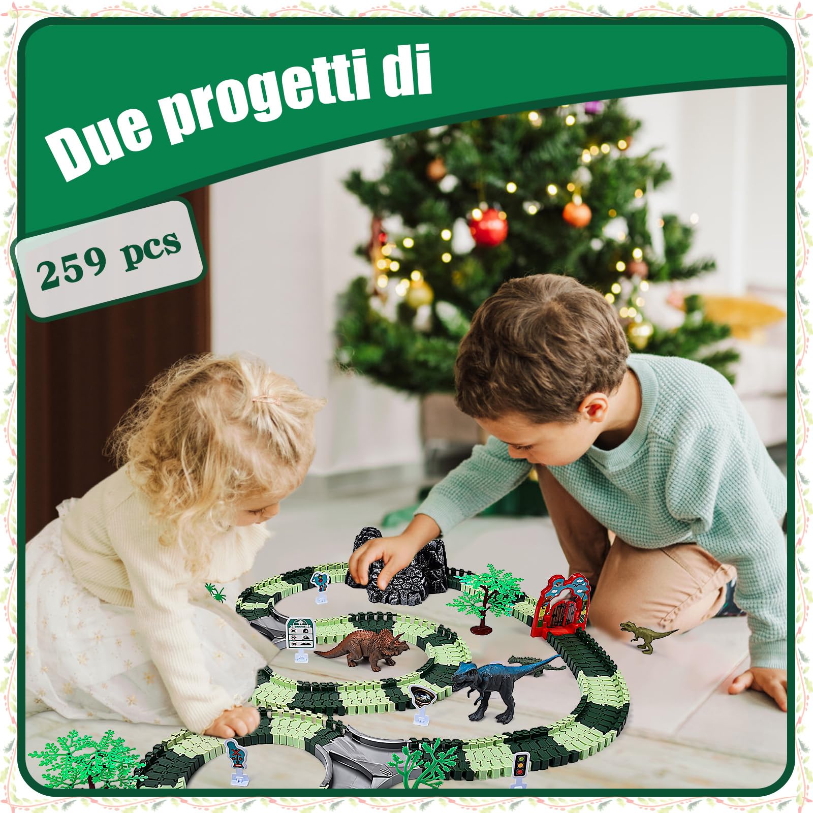 JONRRYIN Pista da Corsa Dinosauro, 259 Pezzi per Bambini, Auto Pista Flessibile Con Blocchi Traccia, Giocattolo Educativo Dinosauro, Regalo di Natale
