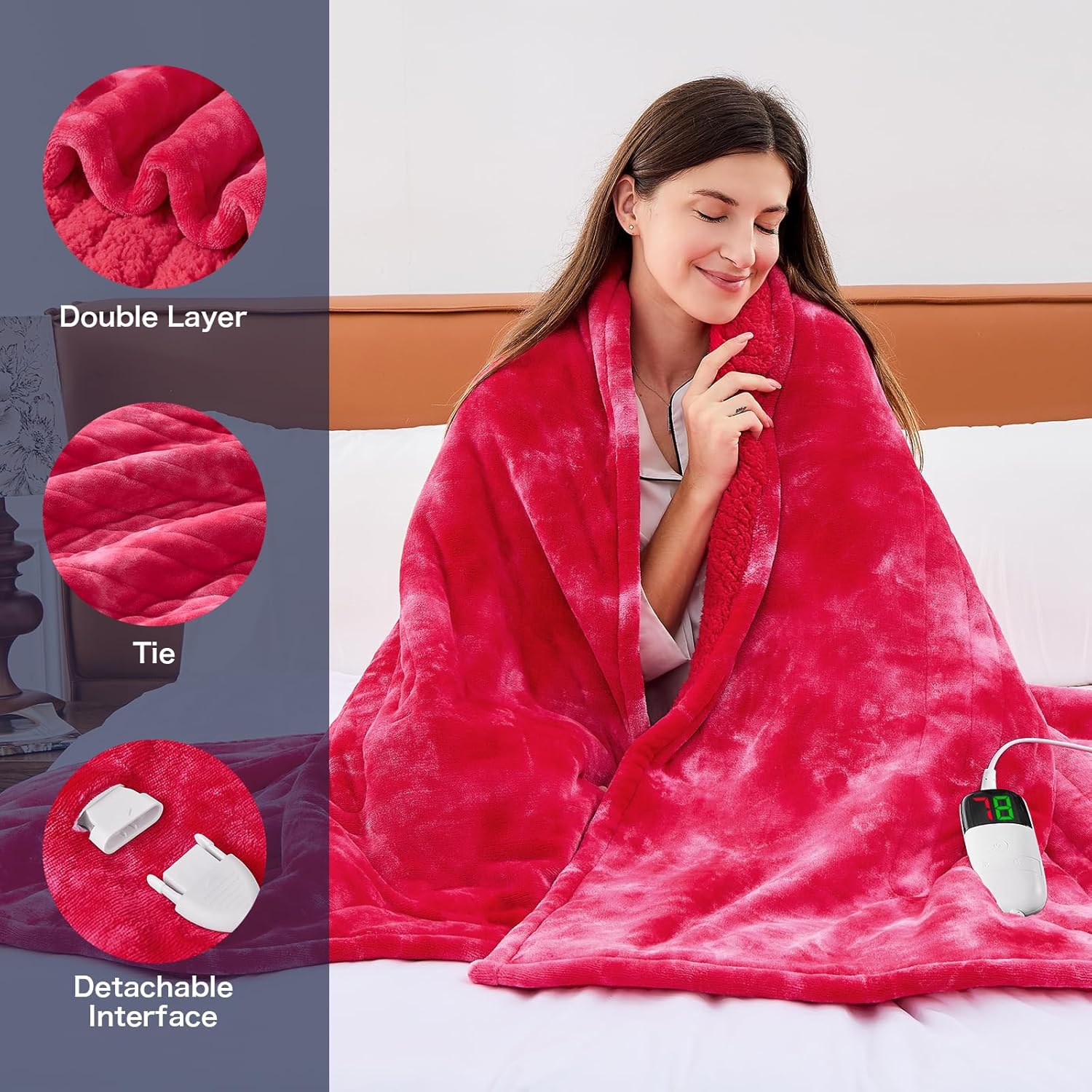 greenoak Heated Electric Blanket Throw, Faux Fur Sherpa Heating Blanket for Sofa Bed, Warm Winter Gifts for Mom/Grandma, Heater Lap Blankets 5-Position Timer &10 Heating Levels 50''*60" Red - Image 2