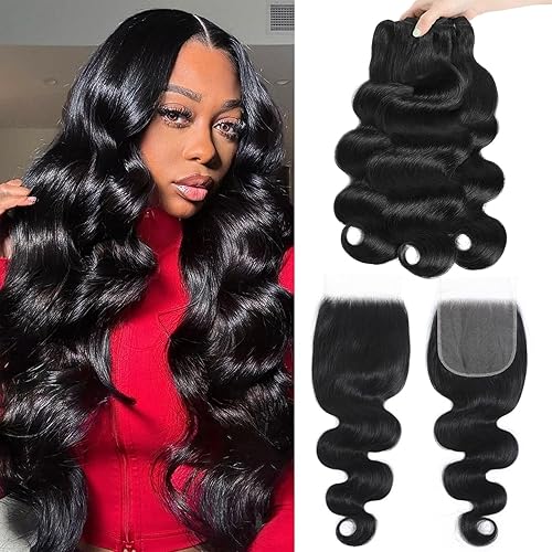 12A Human Hair Bundles with Closure Body Wave Bundles 20 22 24+18 Inch 5X5 HD Lace Closure Human Hair 100% Brazilian Virgin Hair Extensions 3 Bundles Deals Hair Quick Weave Bundle for Women