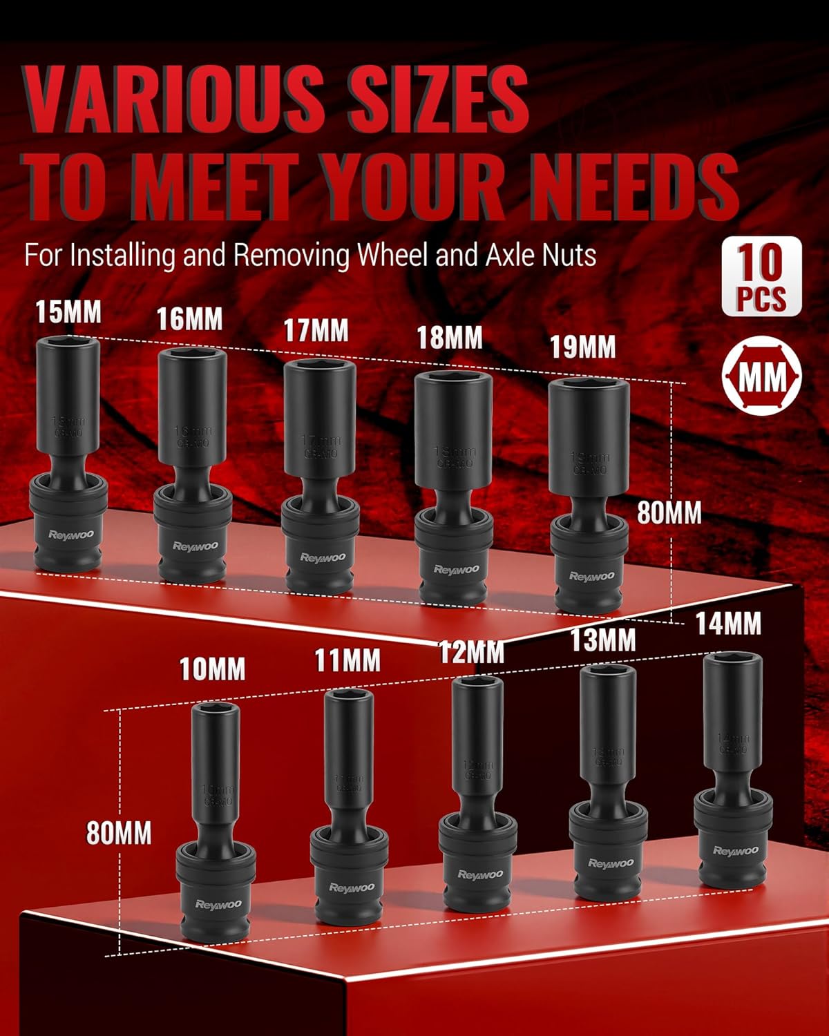Reywoo 10-piece 3/8" Drive Deep Swivel Socket Set, 3/8 Impact Socket Set, Universal Joint 6 Point Metric, 10-19 mm, CR-MO Impact Grade