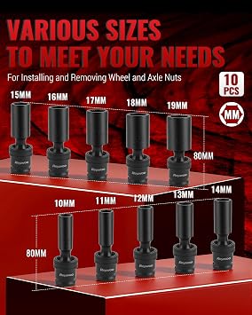 Reywoo 10-piece 3/8 Drive Deep Swivel Socket Set, 3/8 Impact Socket Set, Universal Joint 6 Point Metric, 10-19 mm, CR-MO Impact Grade