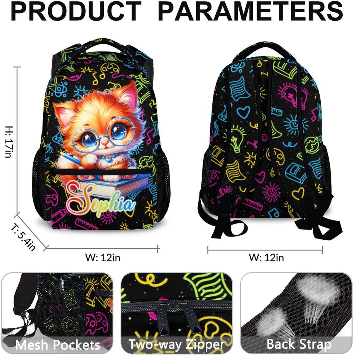 Kids Backpack, Custom Cat Backpack for Girls Teens, Personalized Student Bookbag for School Toddler Kindergarten Elementary Primary Middle, 17’’ Lightweight Durable Back to School Gift