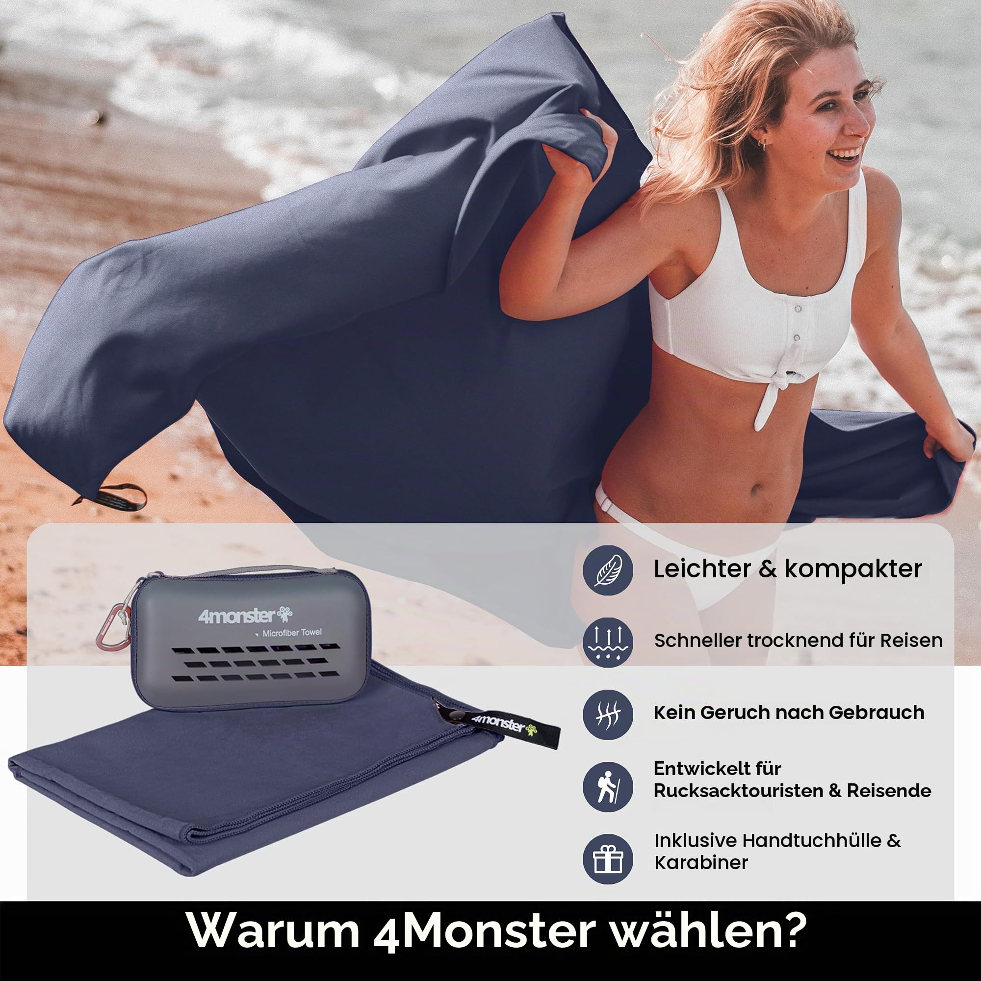 4Monster Camping-Handtücher, super saugfähig, schnell trocknend, Mikrofaser-Reisehandtuch, ultraweich, kompakt, für Strand, Wandern, Yoga, Reisen, Sport, Rucksack (Marineblau, Größe S (40,1 x 80 cm)