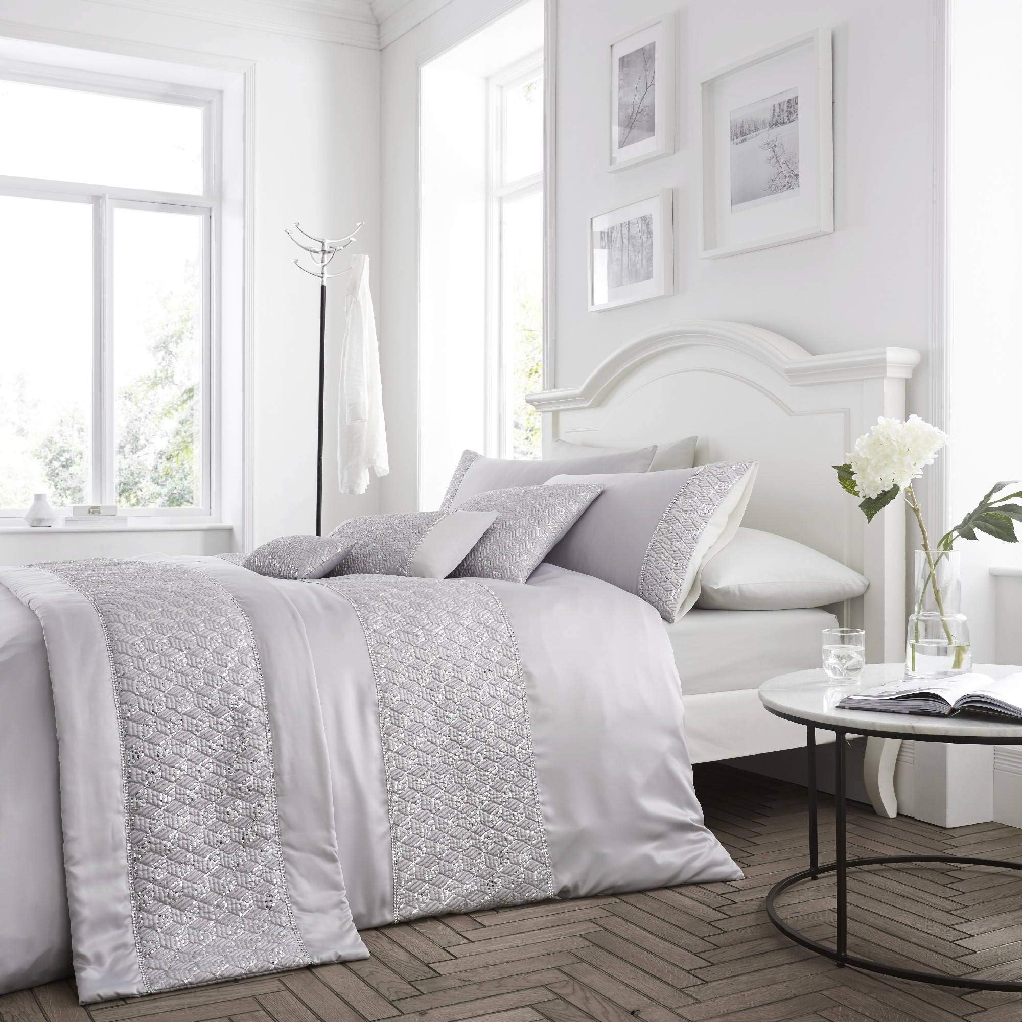 Happy Linen Company Sequin Diamante Trim Luxury Silver UK Super King/US King Duvet Cover Bedding Set