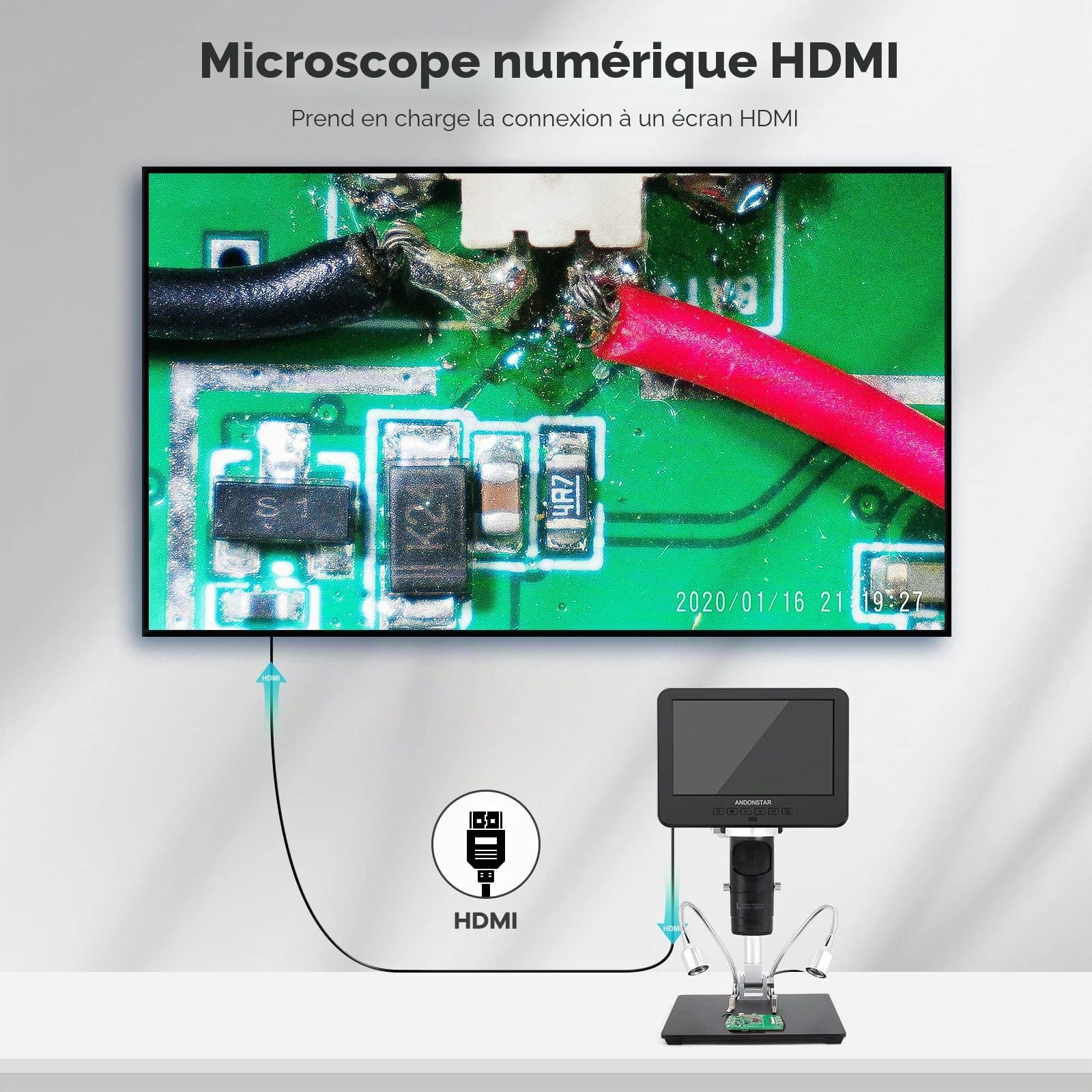 Andonstar AD246S Numérique HDMI 2000x Pour Adultes - Microscope à Souder LCD 7 Pouces Avec Enregistrement Vidéo UHD 2160P à 3 Lentilles - Kit Biologique Pour Pièces