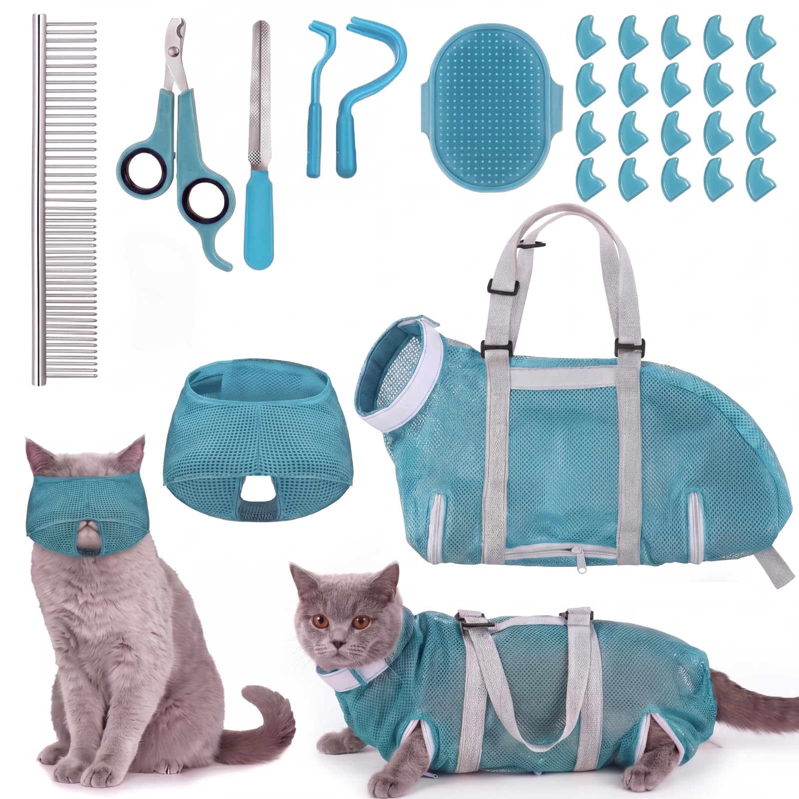 9 Pcs Cat Bathing Bag Anti Scratch Cat Grooming Bag for Nail Trimming Injecting Examining Pet Restraint Bags with Washing Comb Mesh Muzzle Nail Clipper &amp; File Tick Tool