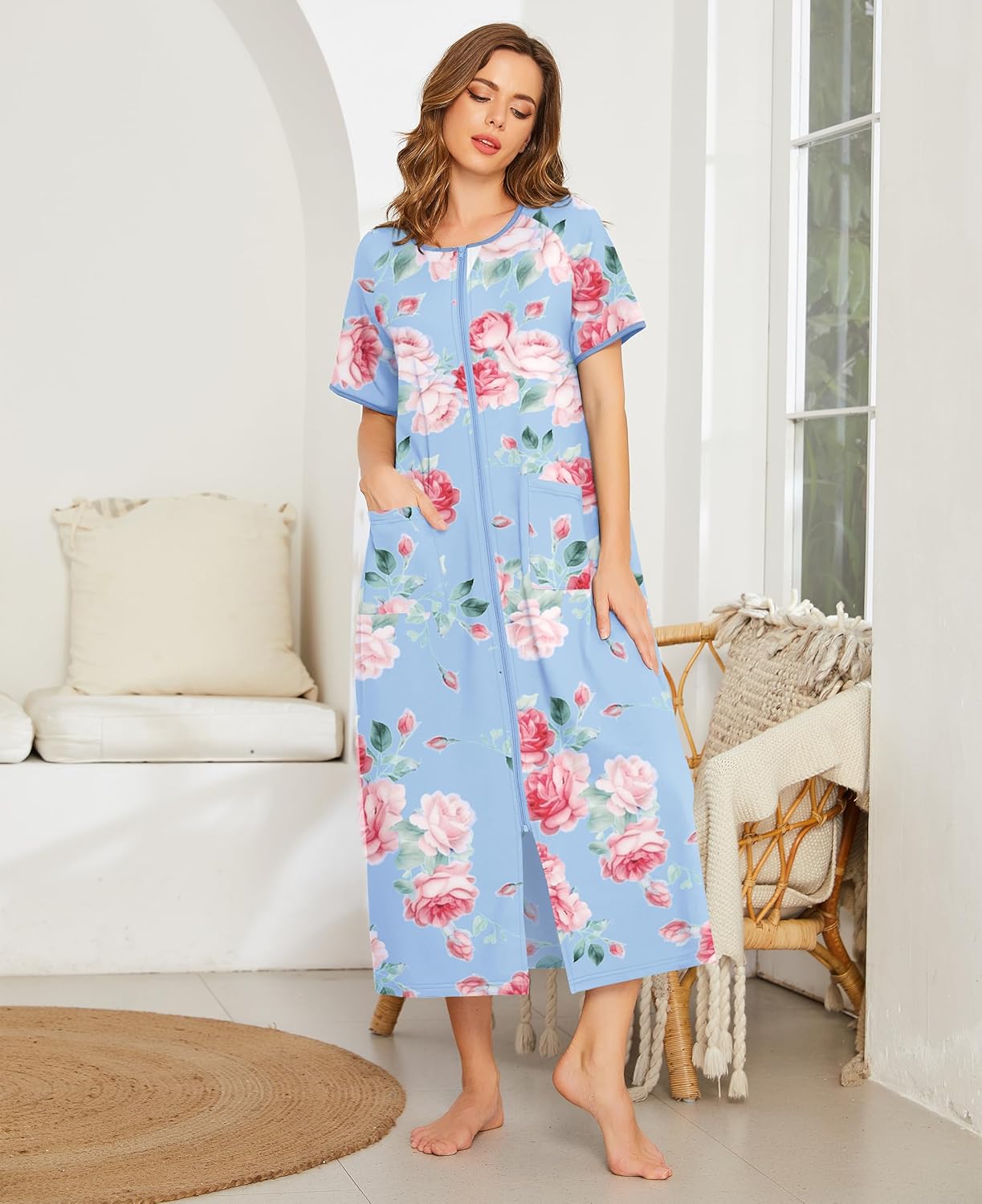 Ekouaer Women Robes Zipper Front Short Sleeve Full Length Housecoat with Pockets Loungewear S-4XL - Image 2