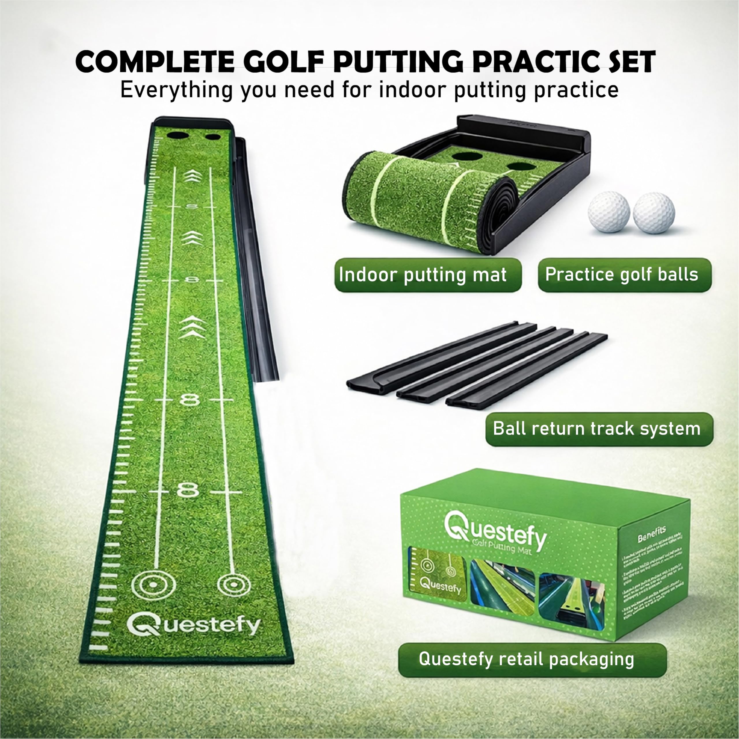 Putting Green Indoor | Tapete de golf sin arrugas con retorno automático de la bola, superficie antideslizante y marcas de alineación para una práctica precisa de putting en casa, oficina y al aire