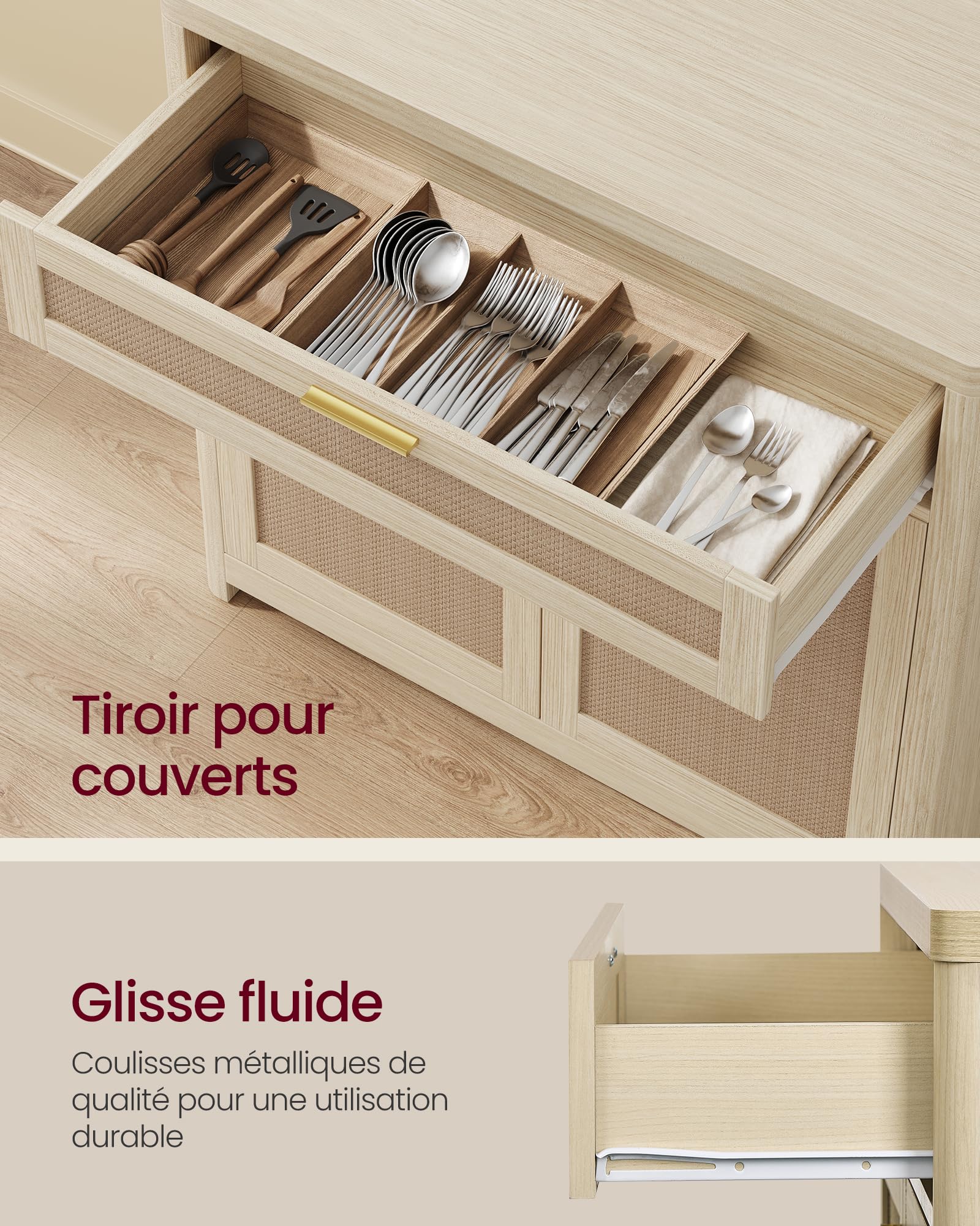 VASAGLE Collection ELLAN – Buffet de Style Bohème avec Portes Effet Cannage Rotin, Meuble de Rangement, Coins Arrondis, Étagère Réglable, Tiroir, pour Cuisine, Salle à Manger, Beige Naturel BBK601LC01