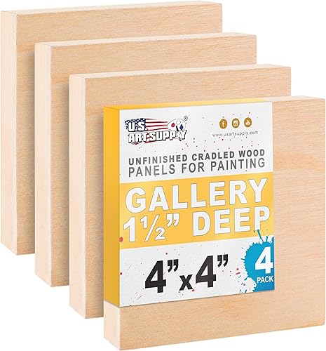 U.S. Art Supply Paneles de madera acunados de 4 x 4 pulgadas para pintura, galería de 1-12 pulgadas de profundidad (paquete de 4)  Lienzos de pared
