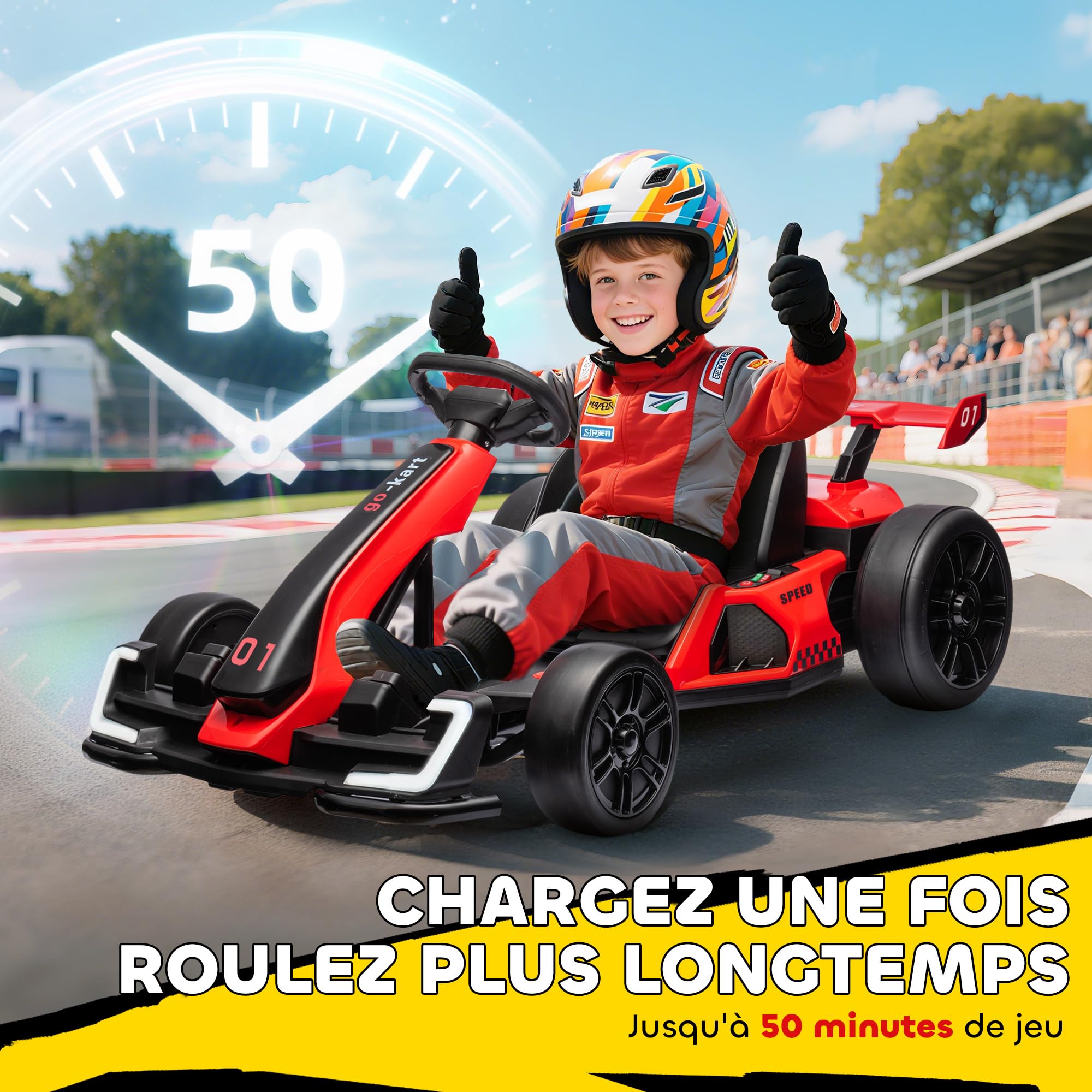 HOMCOM Kart électrique pour Enfants 24 V, 2 x 150 W, LED, Drift, Musique, 6-12 Ans, Rouge